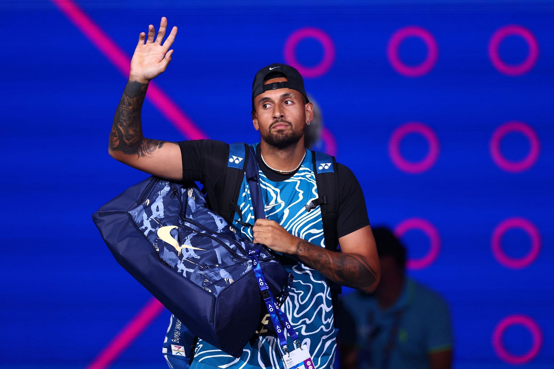 Nick Kyrgios pictured at the 2023 Australian Open practice session, Melbourne.