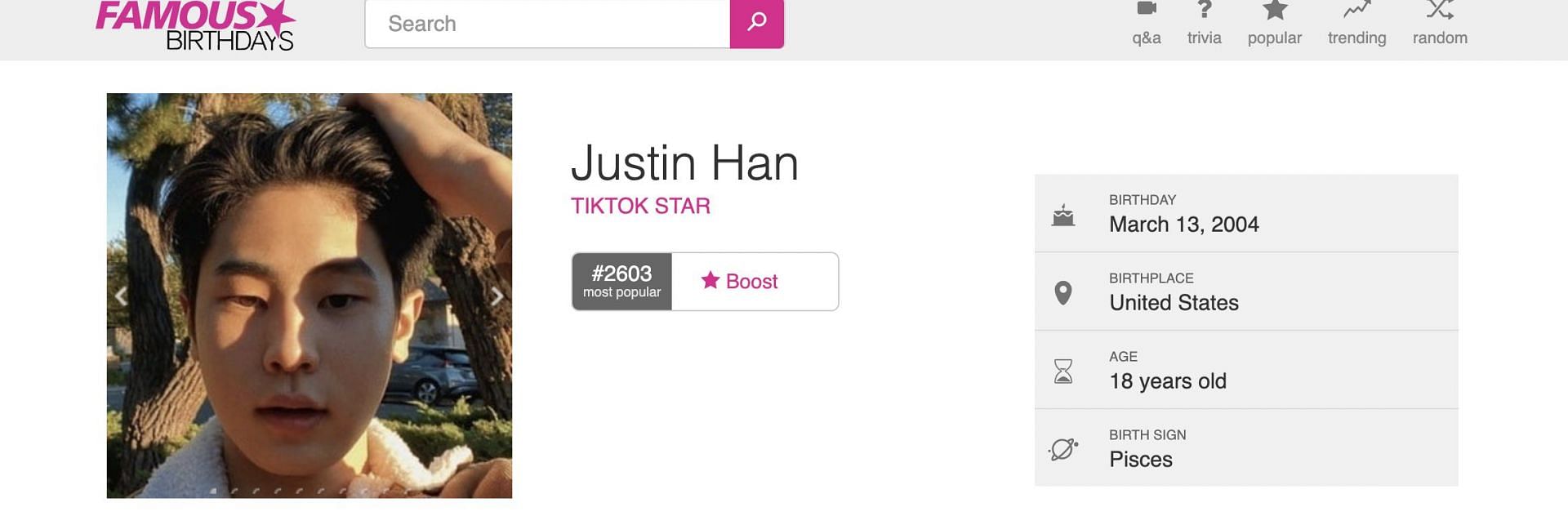 Famousbirthdays.com claims that Justin is 18 years old at the moment. (Image via Famous Birthdays)