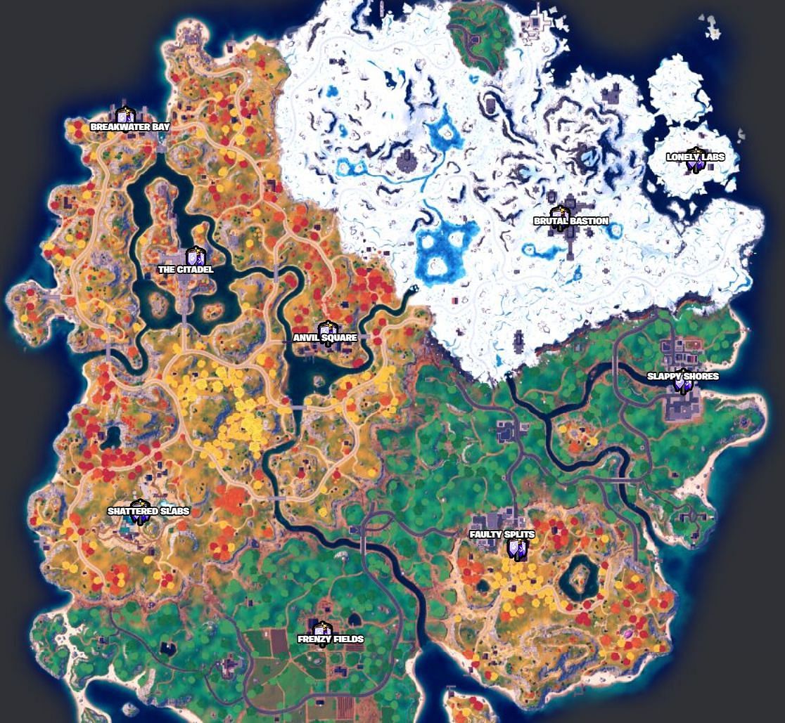 All Capture Point locations in Chapter 4 Season 1 (Image via Fortnite.GG)