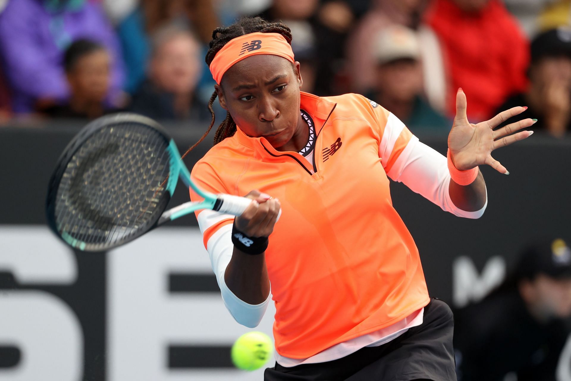 Coco Gauff in action at the 2023 ASB Classic.