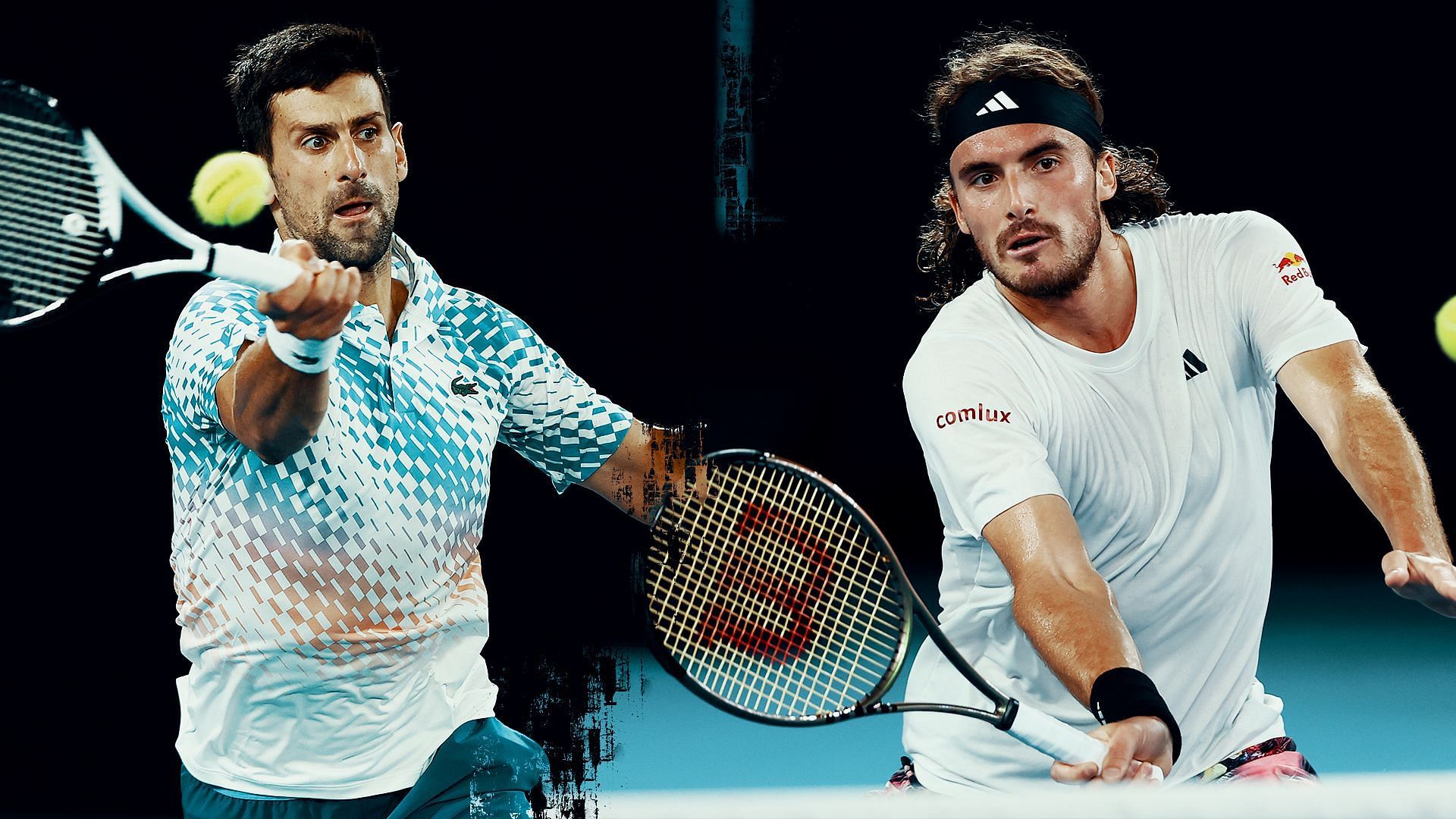 Novak Djokovic (L) and Stefanos Tsitsipas.