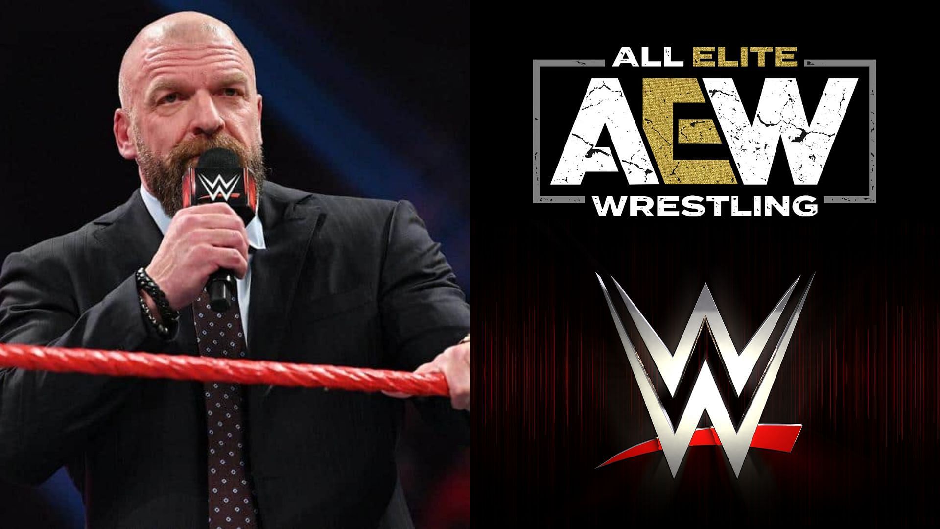 Triple H (left), AEW and WWE logos (right)
