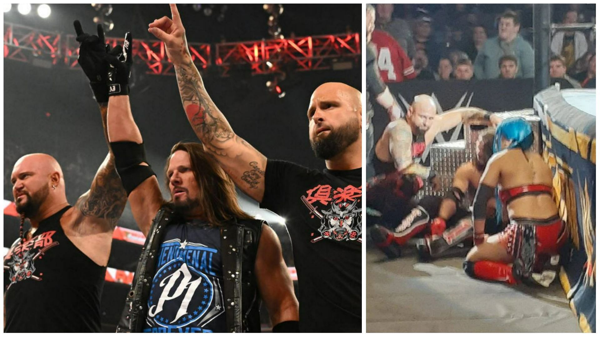 WWE RAW Superstars AJ Styles, Luke Gallows, and Karl Anderson of The O.C. (left), AJ Styles is injured (right)
