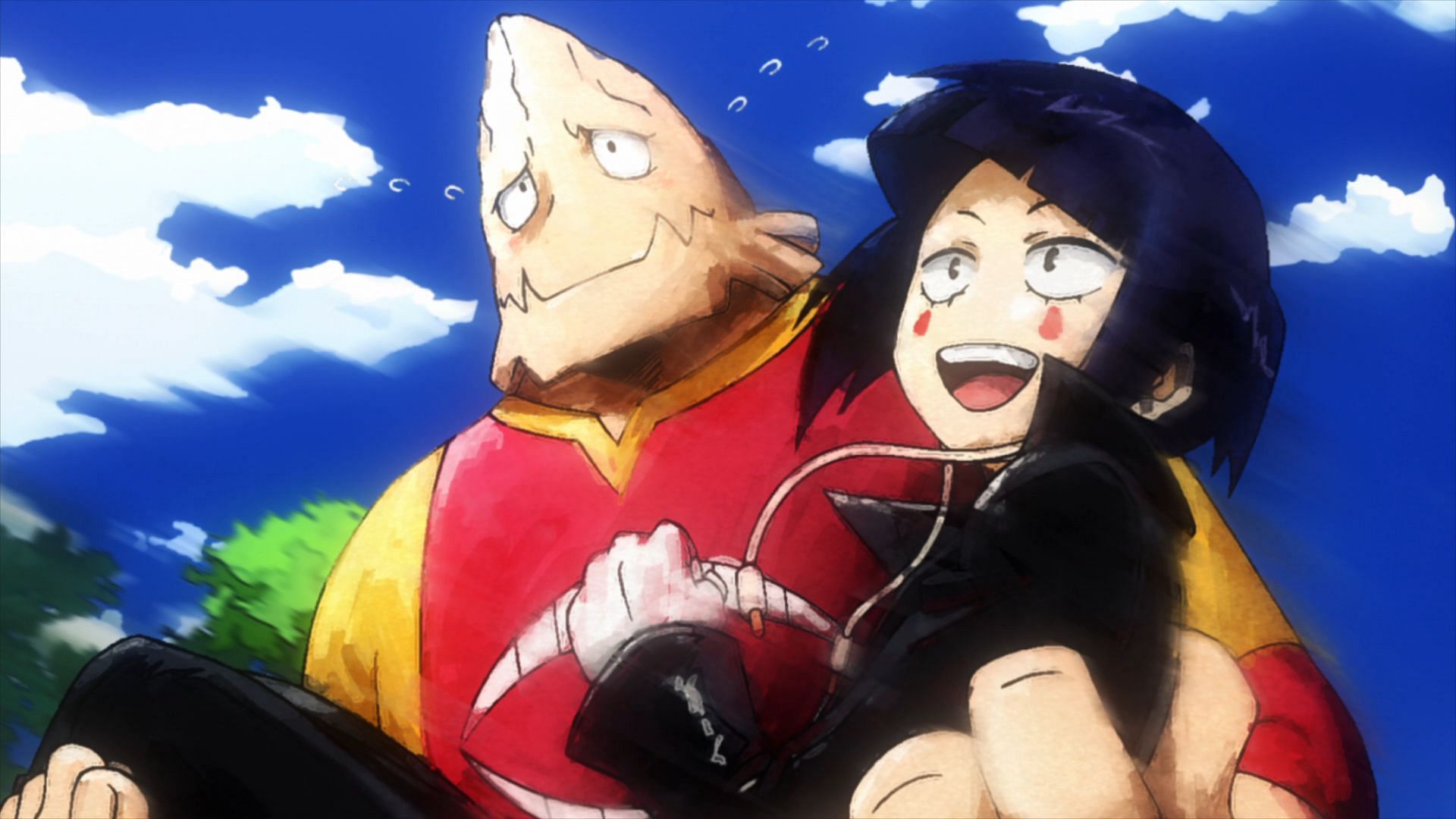 Koji Koda seen carrying Kyoka Jiro in the series&#039; anime (Image via Studio Bones)