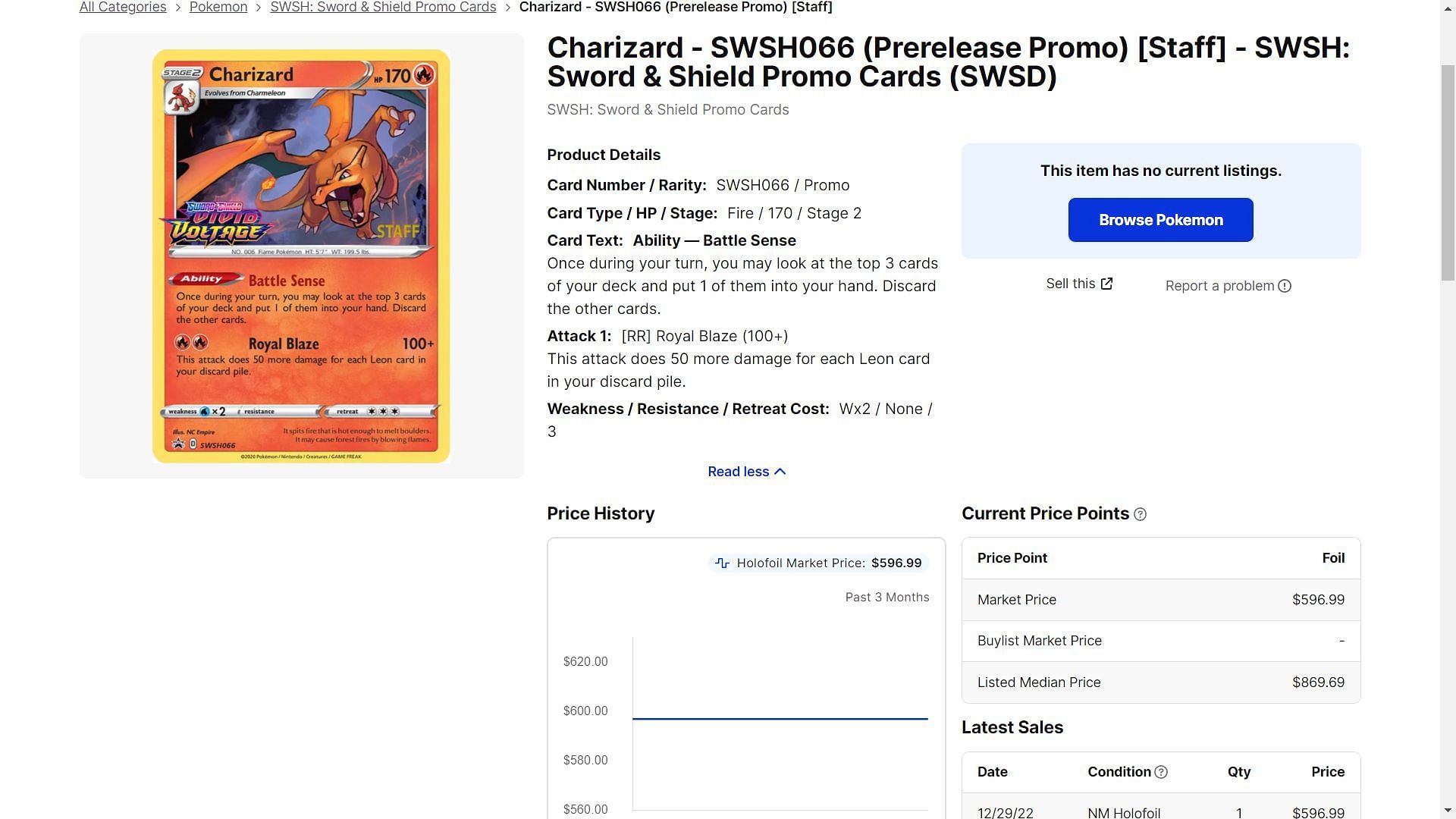 Charizard - SWSH066 (Prerelease Promo) [Staff] - SWSH: Sword &amp; Shield Promo Cards (SWSD) (Image via tcgplayer.com)