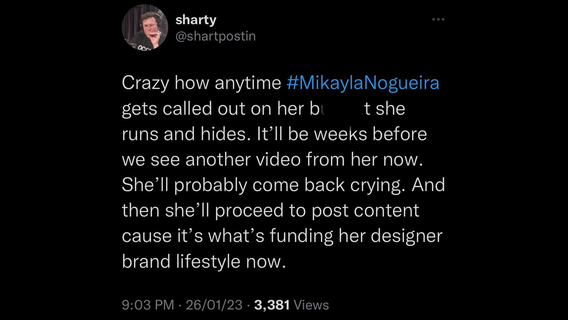 Screenshot of a Twitter user criticizing Mikayla Nogueira&#039;s recent mascara review video (Image via Twitter/@shartpostin)