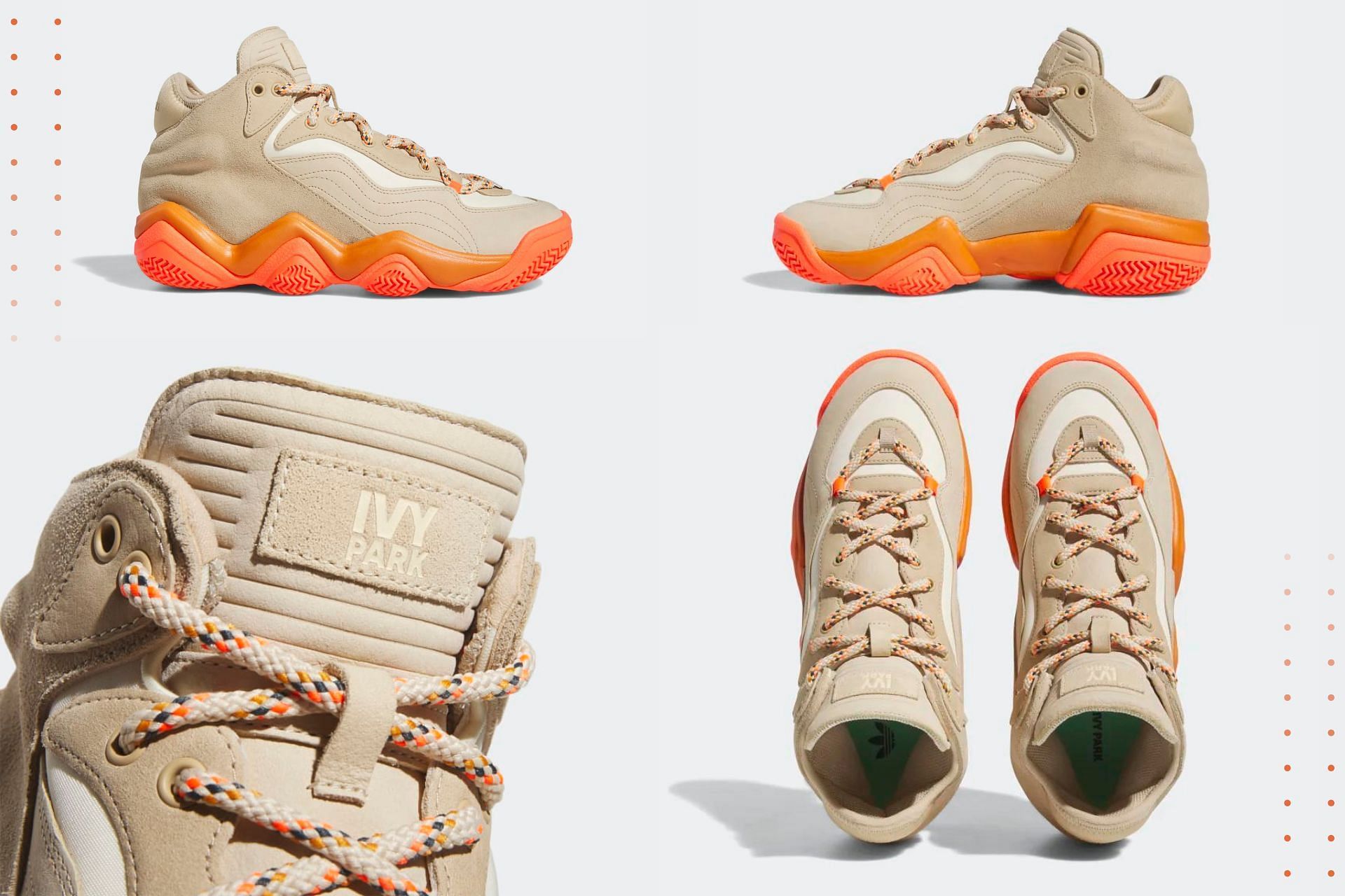 The upcoming Adidas x Beyonce Ivy Park Top Ten 2000 sneakers come clad in a beige and orange color scheme (Image via Sportskeeda)