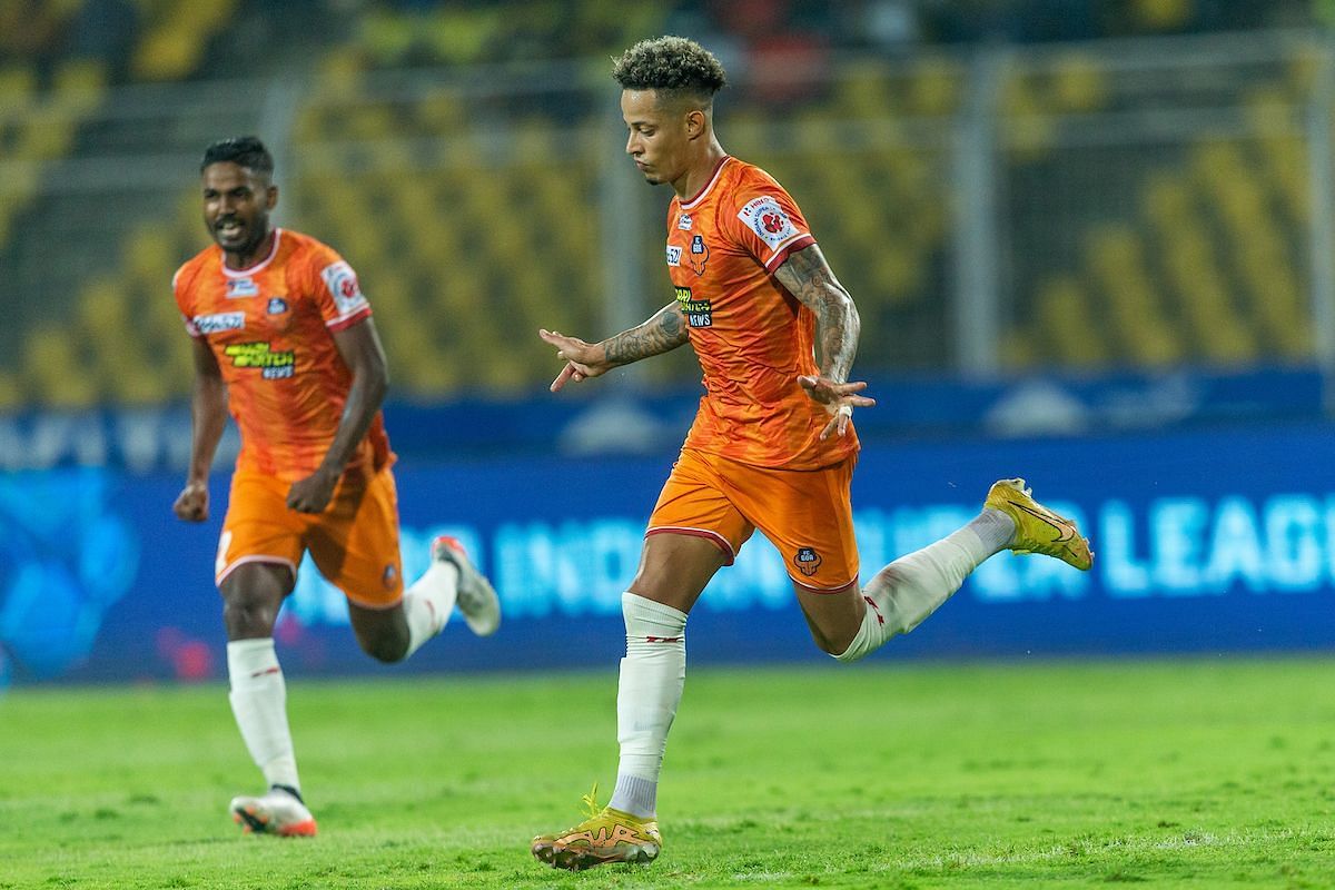 Noah Wail Sadaoui of FC Goa  celebrates after scoring a goal against KBFC.