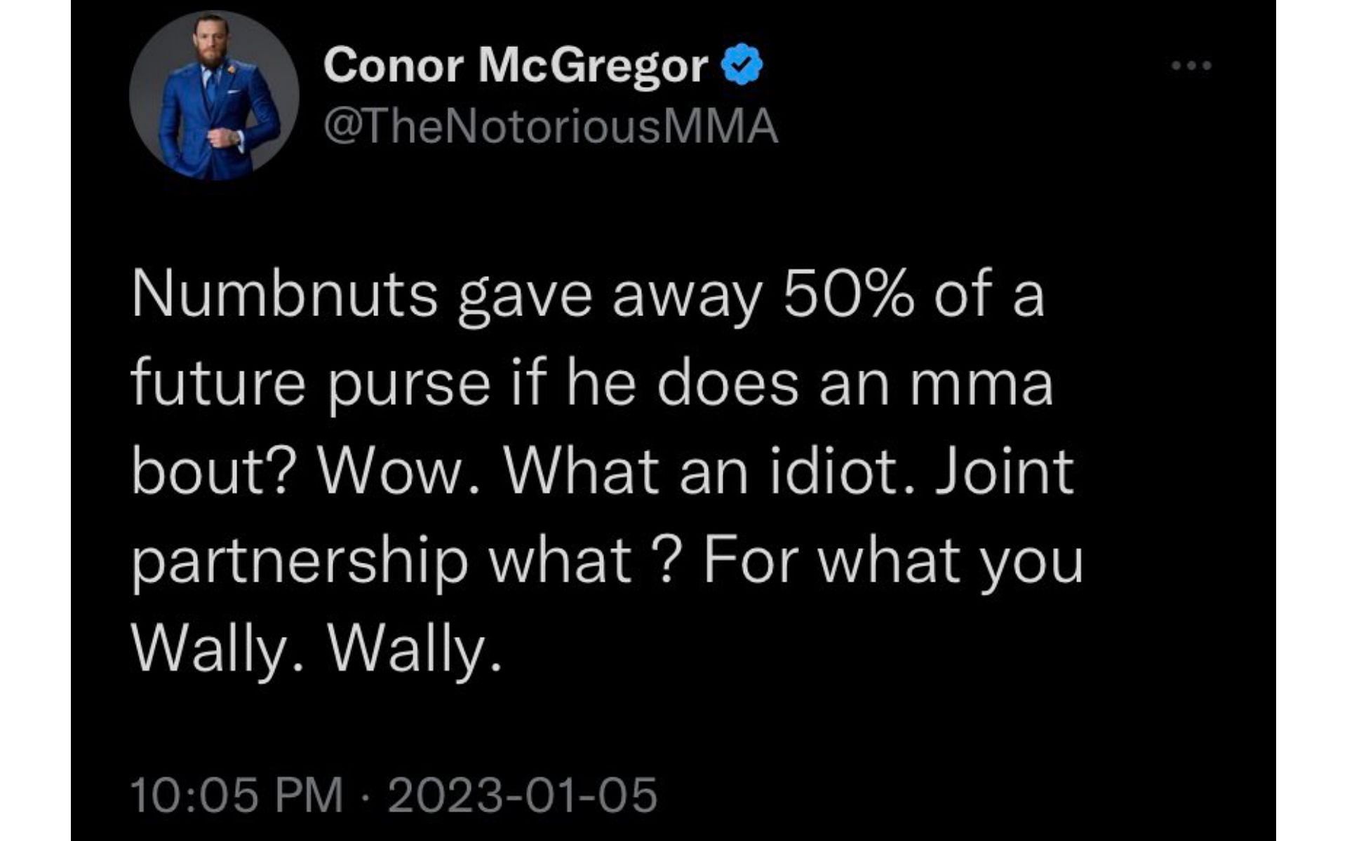 Screenshot of the now-deleted tweet via @TheNotoriousMMA on Twitter