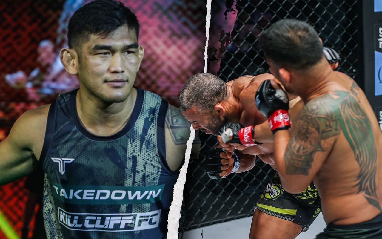 Aung La N Sang (left, right), Gilbert Galvao (center), photo by ONE Championship