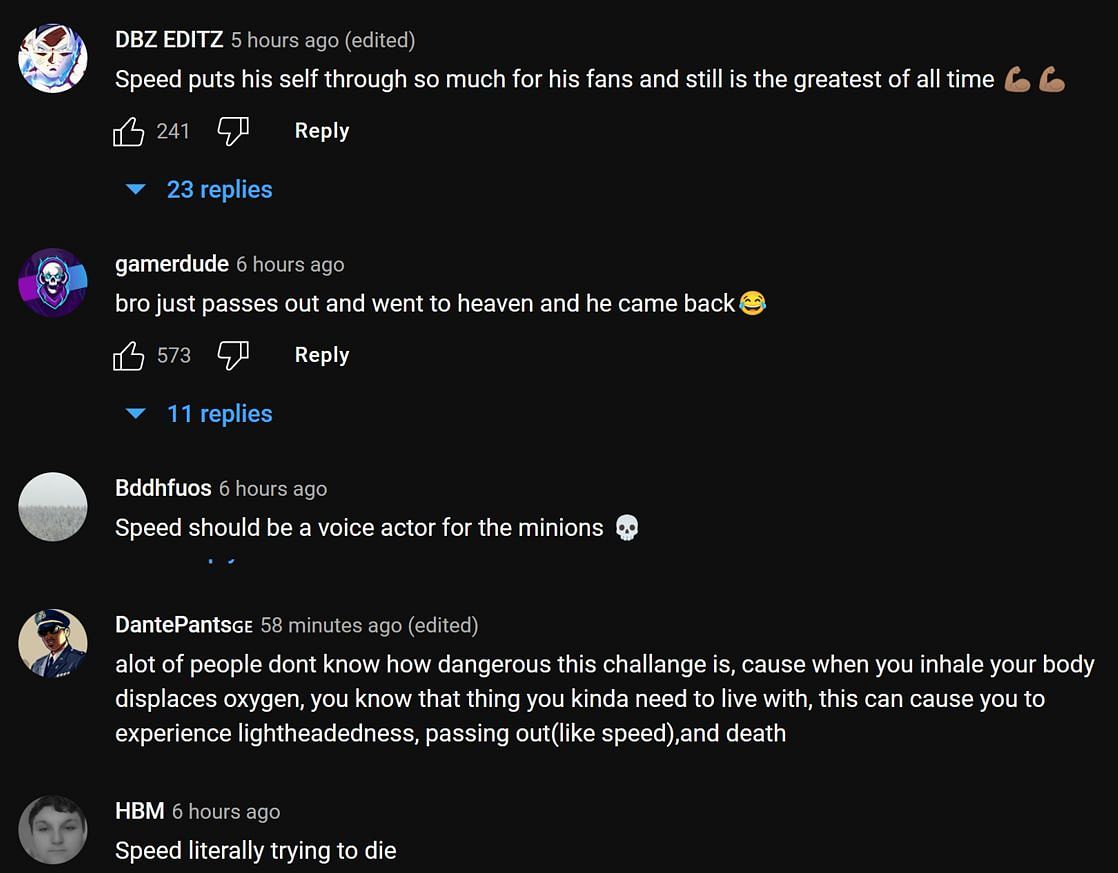 Fans in the YouTube comments section reacting to the streamer&#039;s antics (Image via Speedy Boykins/YouTube)