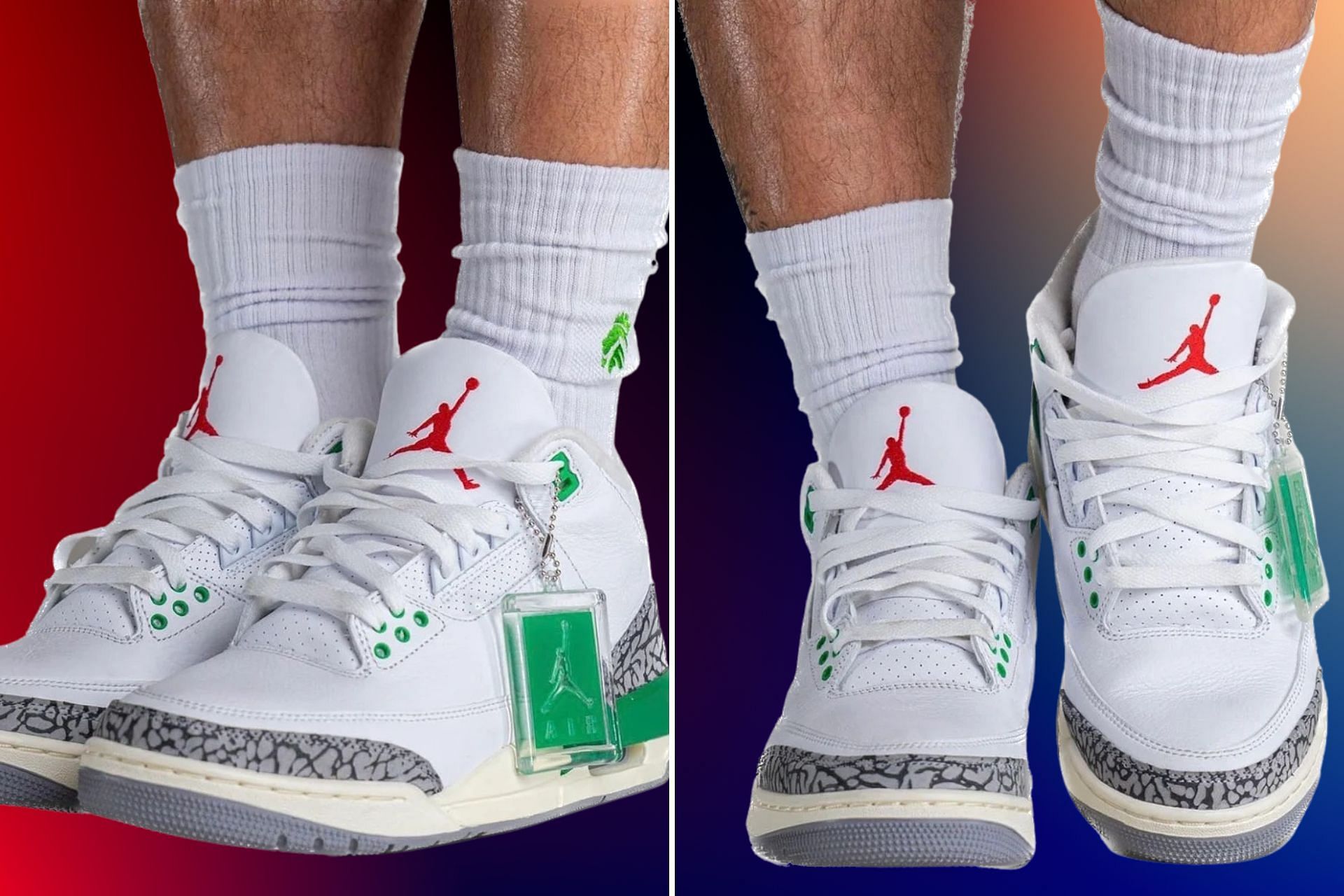 Take a closer look at the on-foot images of the AJ3 Lucky Green shoes (Image via Instagram/@yankeekicks)