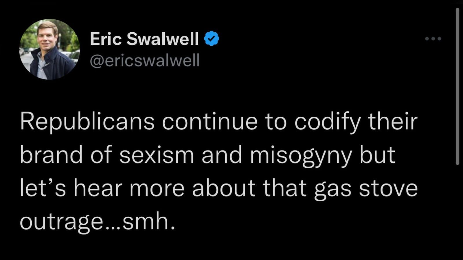 Screenshot of Congressman Eric Swalwell&#039;s tweet criticizing the potential ban on gas stoves.