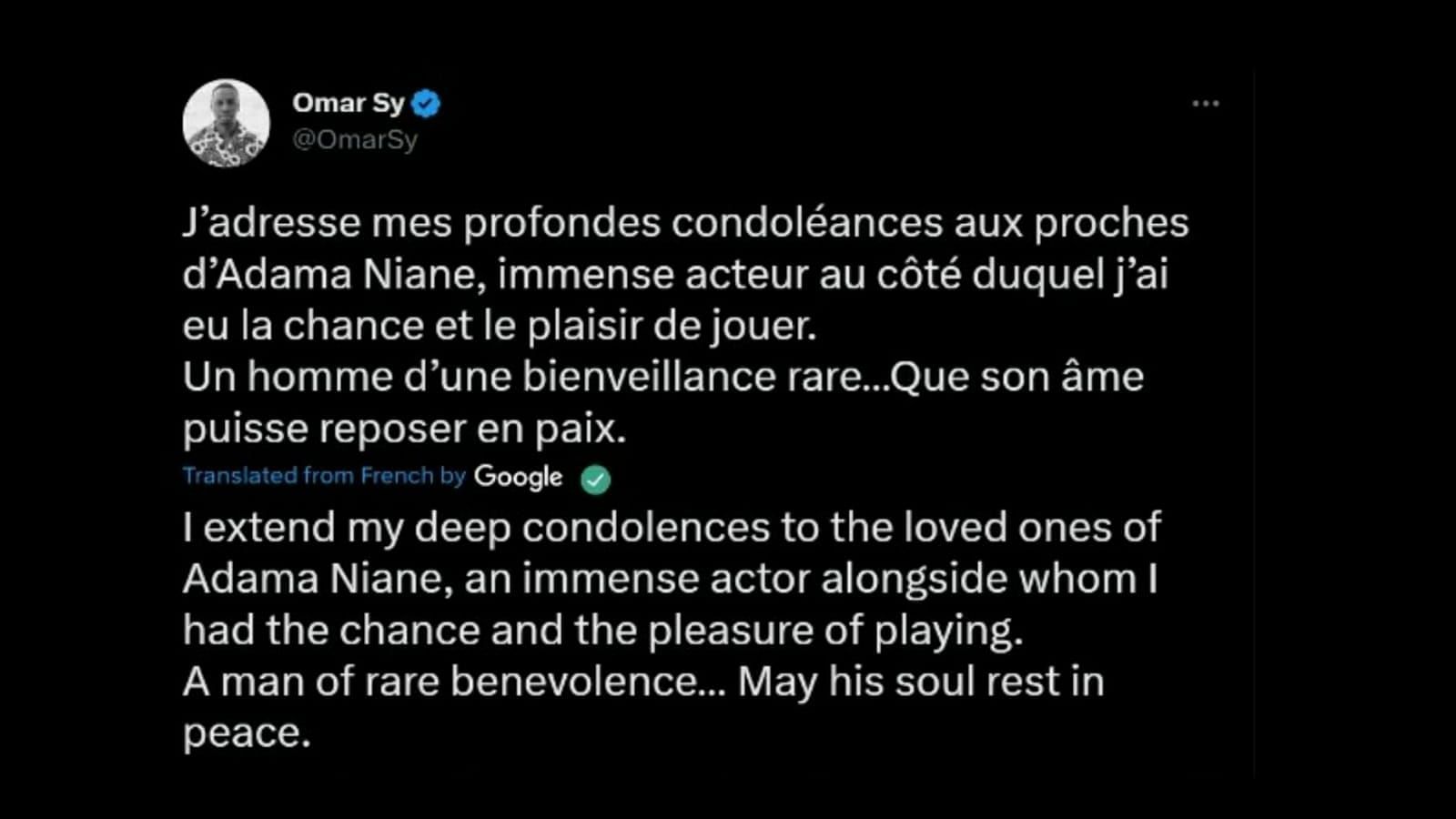 Omar Sy mourns the loss of the actor (Image via Twitter)