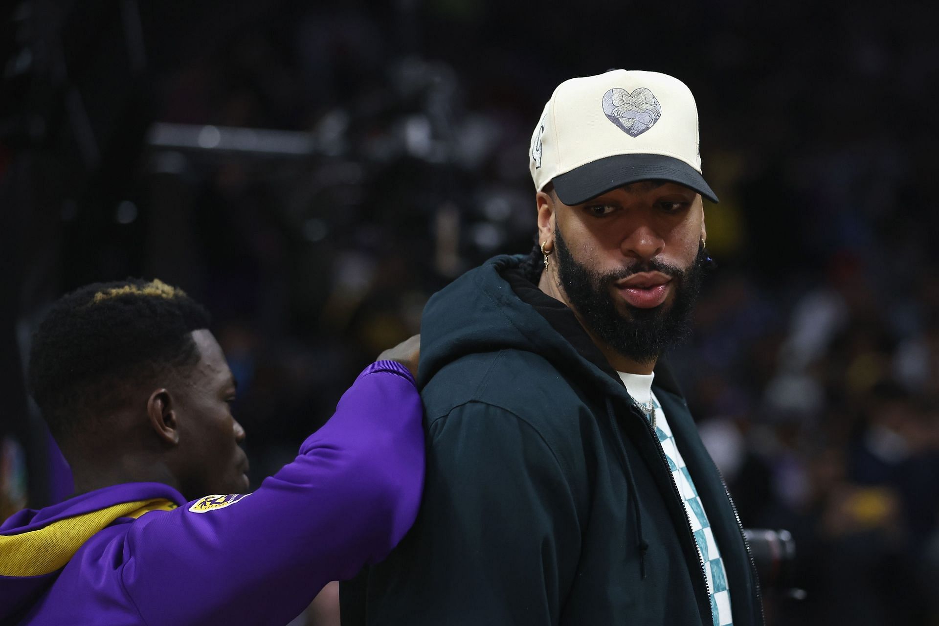 LA Lakers teammates Dennis Schroder, left, and Anthony Davis