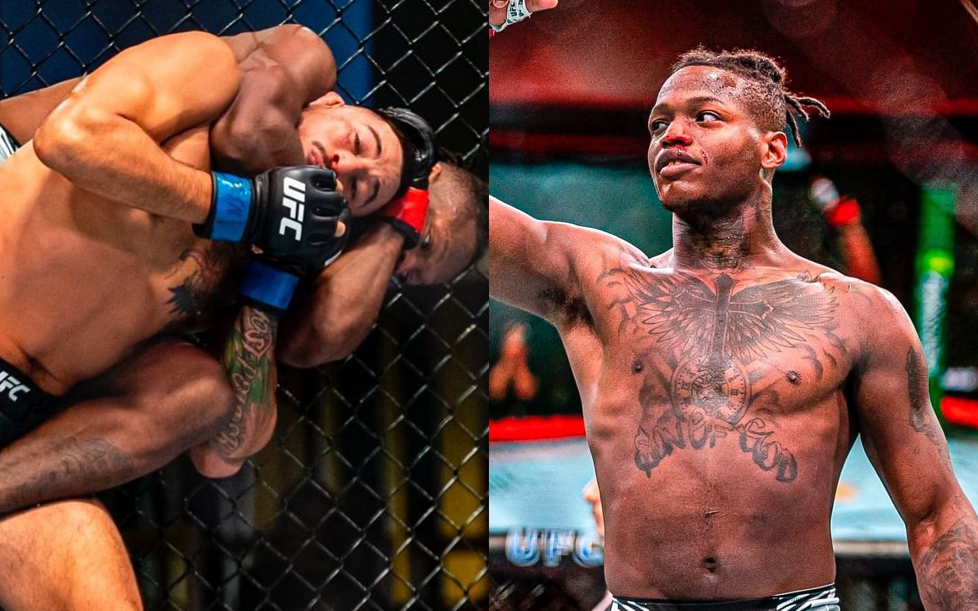 Terrance McKinney is coming off a spectacular submission win over Erick Gonzalez (Left); McKinney at a UFC event (Right) [Image courtesy: @twrecks155 Instagram]