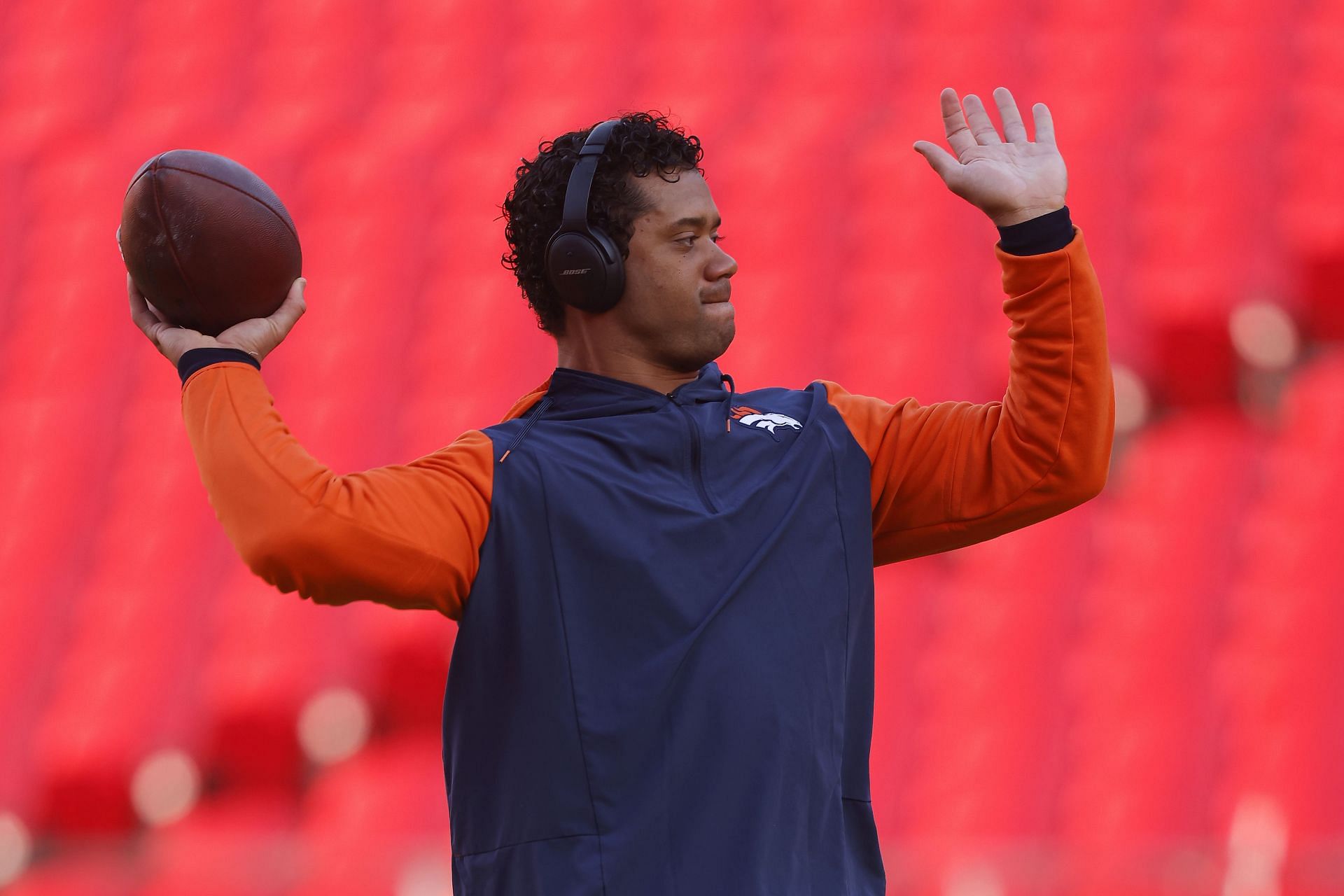 Russell Wilson of the Denver Broncos warms up prior to the game against the Kansas City Chiefs.