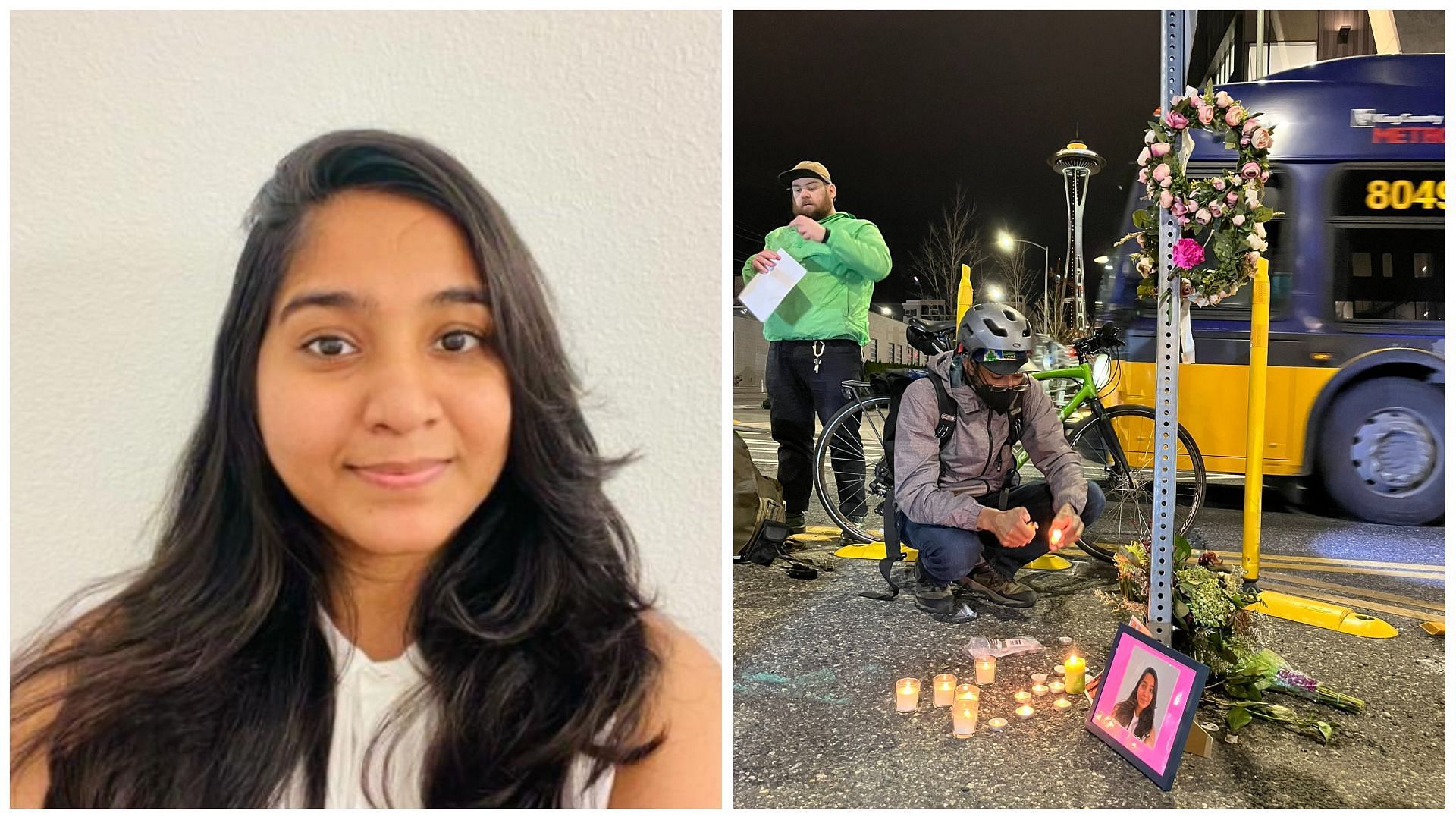 Grad Student Jahnavi Kandula died after being hit by a police car, (Images via Scrypt and Badar Ahmed/Twitter)