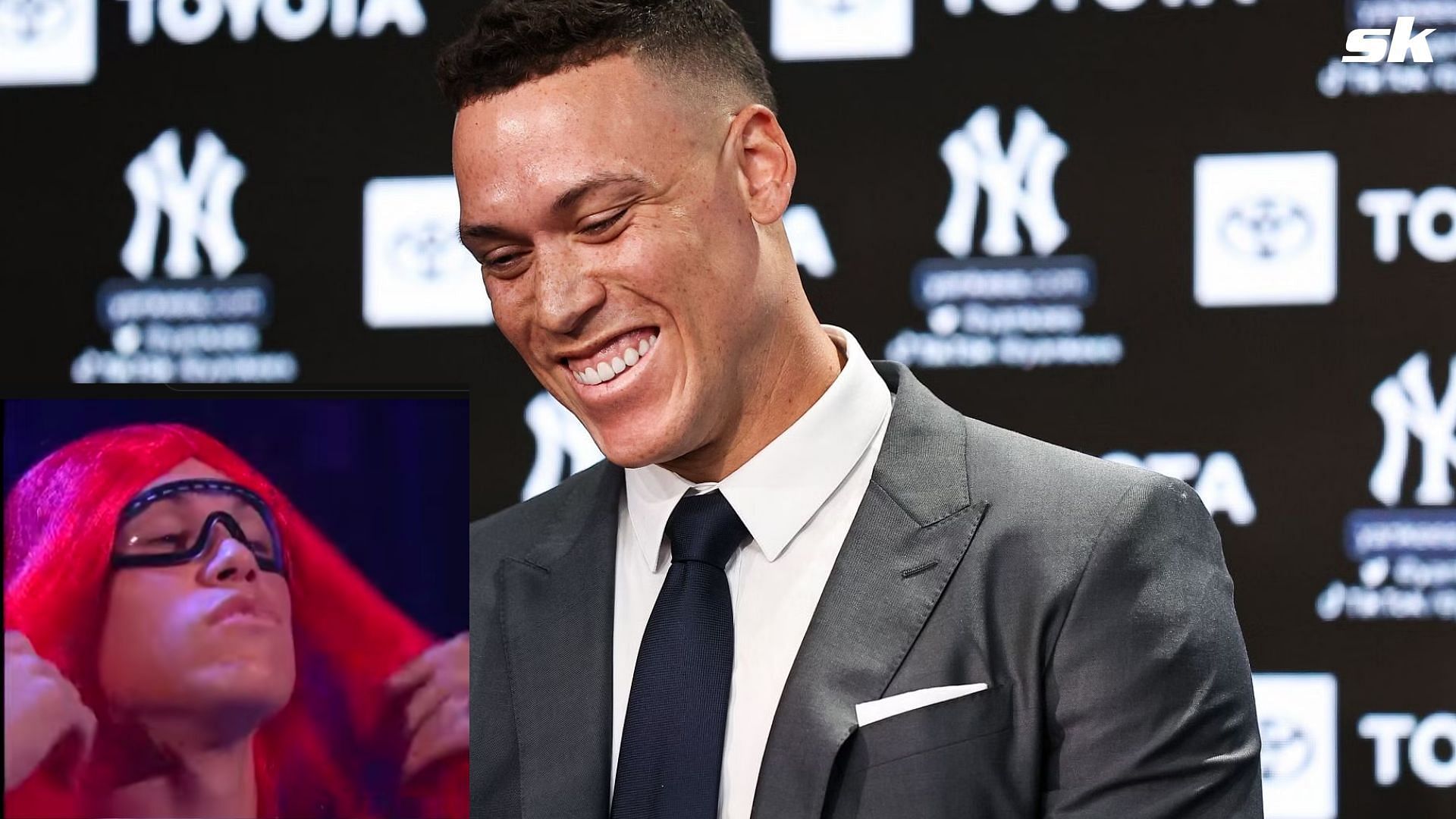 New York Yankees superstar and captain, Aaron Judge; Aaron on the &quot;The Tonight Show&quot; (inset)