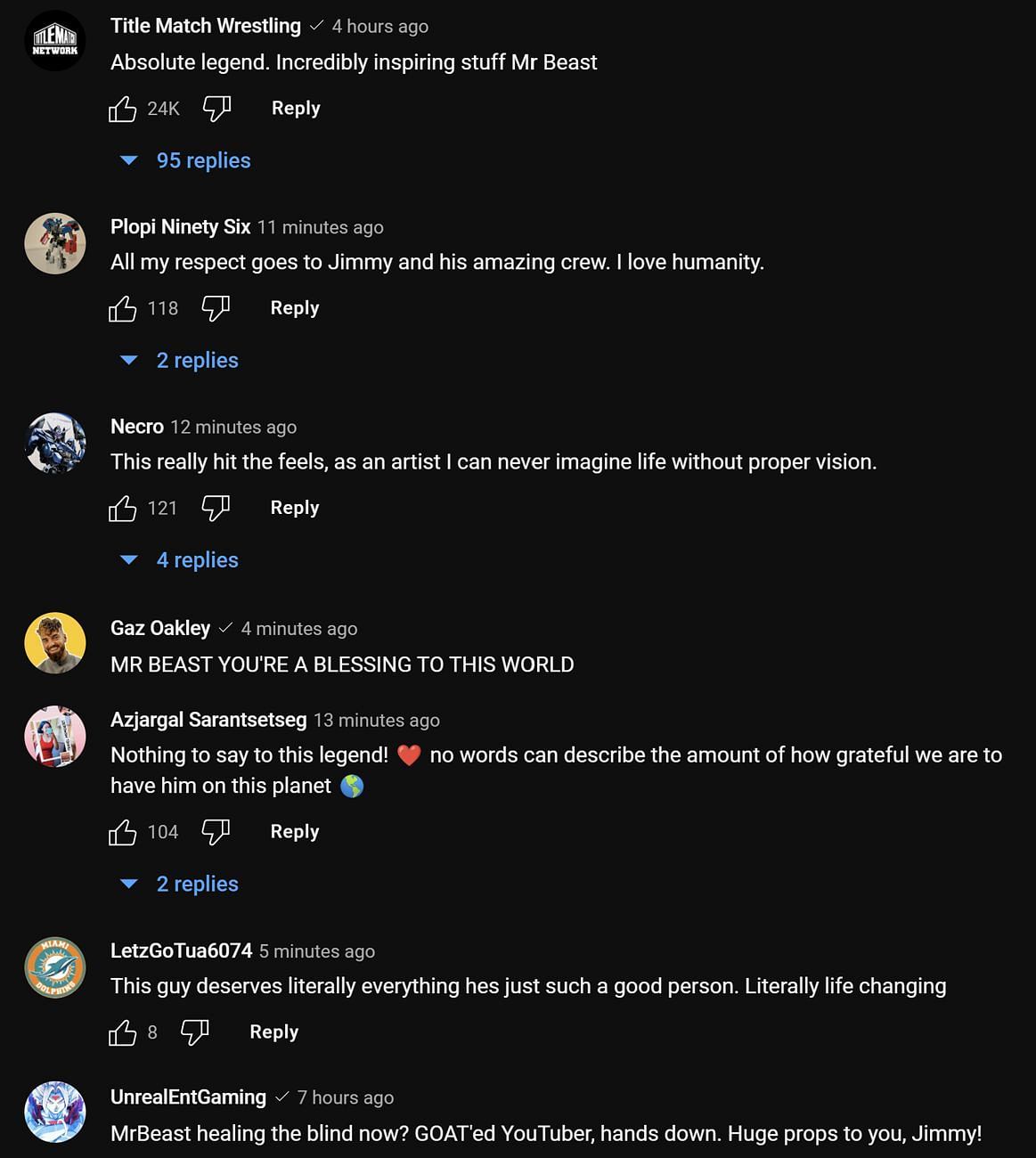 Fans in the YouTube comments section reacting to the YouTuber&#039;s philanthropic endeavor (Image via MrBeast/YouTube)