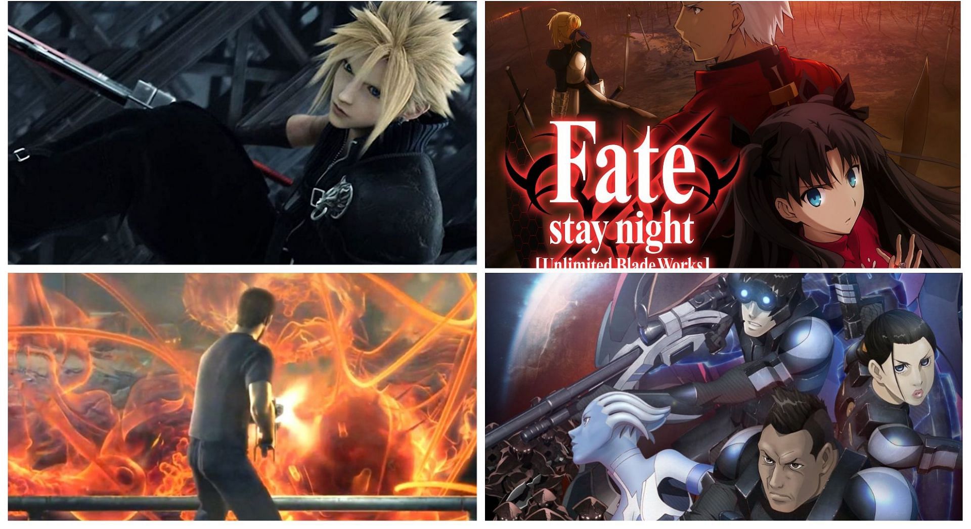 Two fondly remembered video game anime (Advent Children, Fate: Stay/Night) vs. two forgotten ones (The Spirits Wiithin, Mass Effect) (Image via Sportskeeda)
