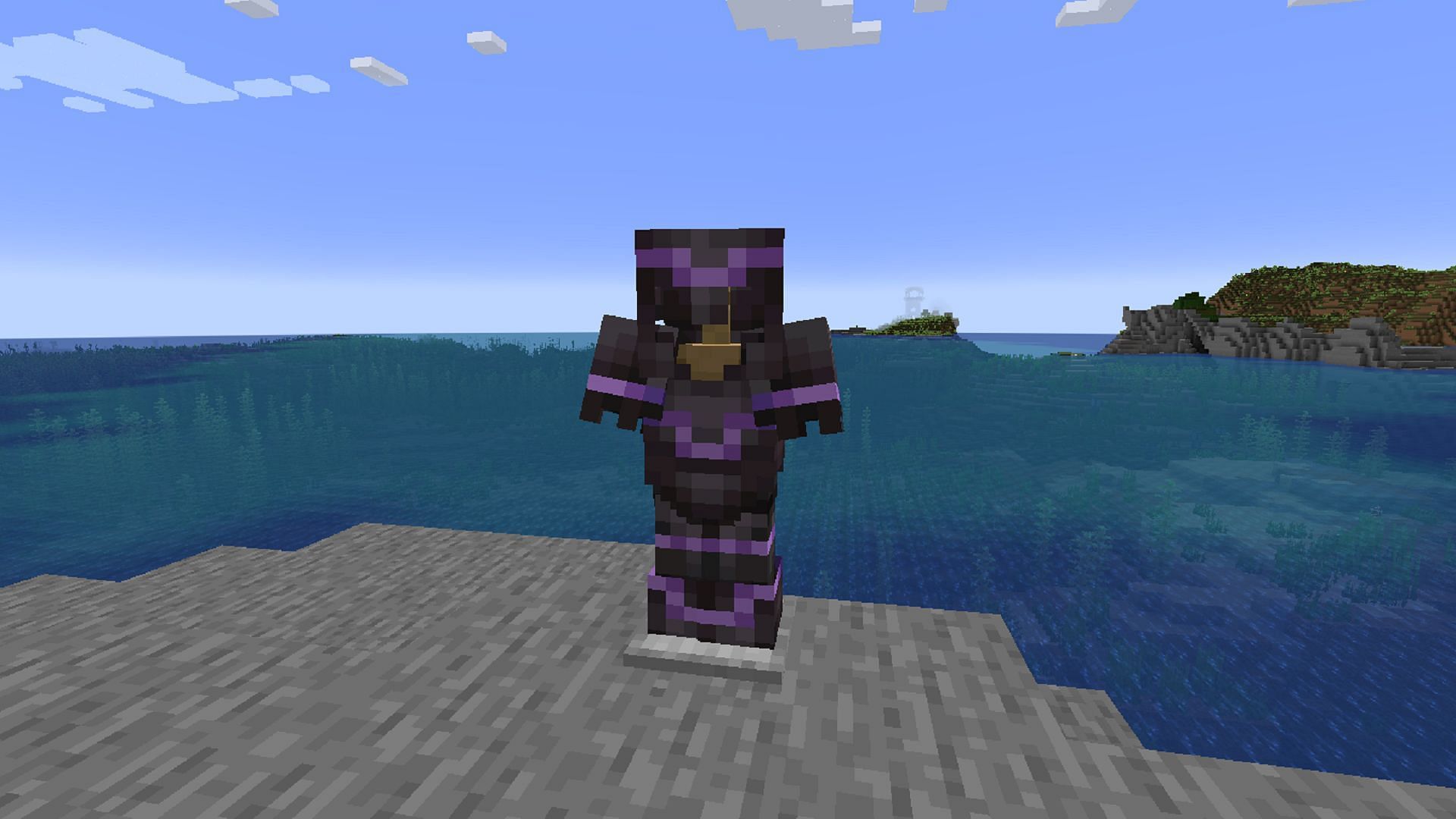 Netherite armor trimmed with the coast pattern using amethyst shards (Image via Mojang)