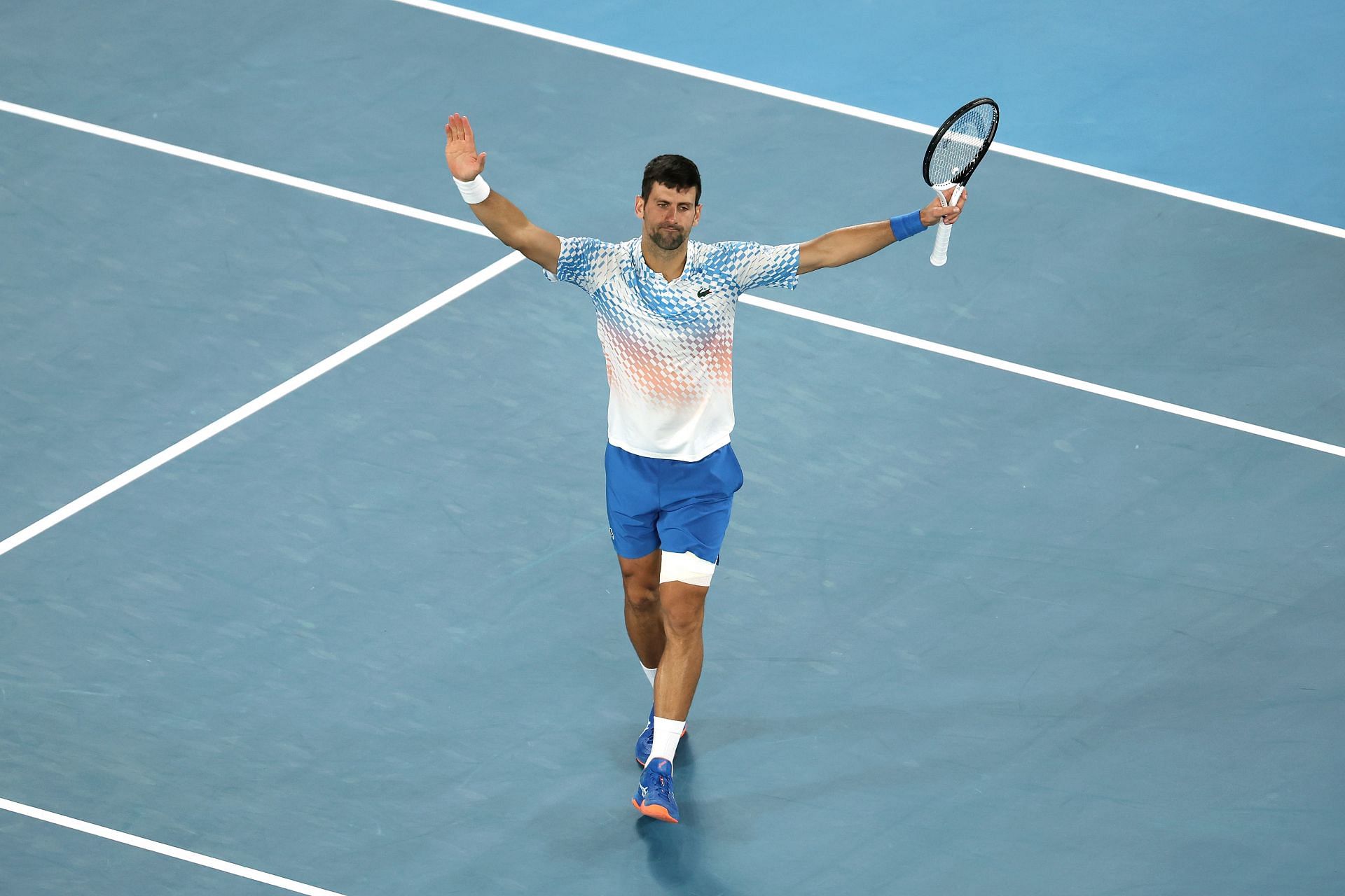 Novak Djokovic celebrating his win over Andrey Rublev at the Australian Open