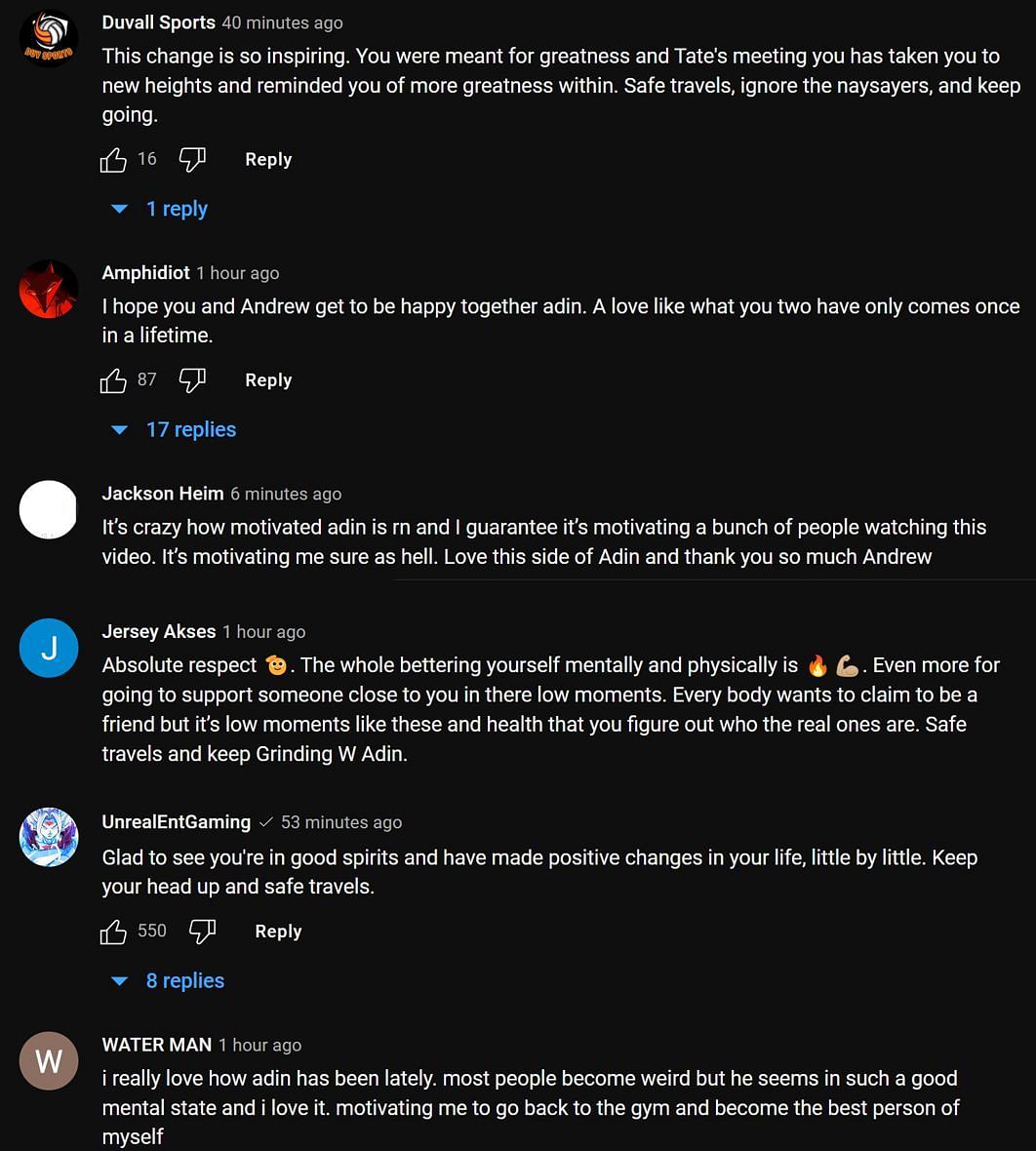 Fans reacting to the streamer&#039;s update for Andrew Tate&#039;s tweet (Image via Adin Live/YouTube)