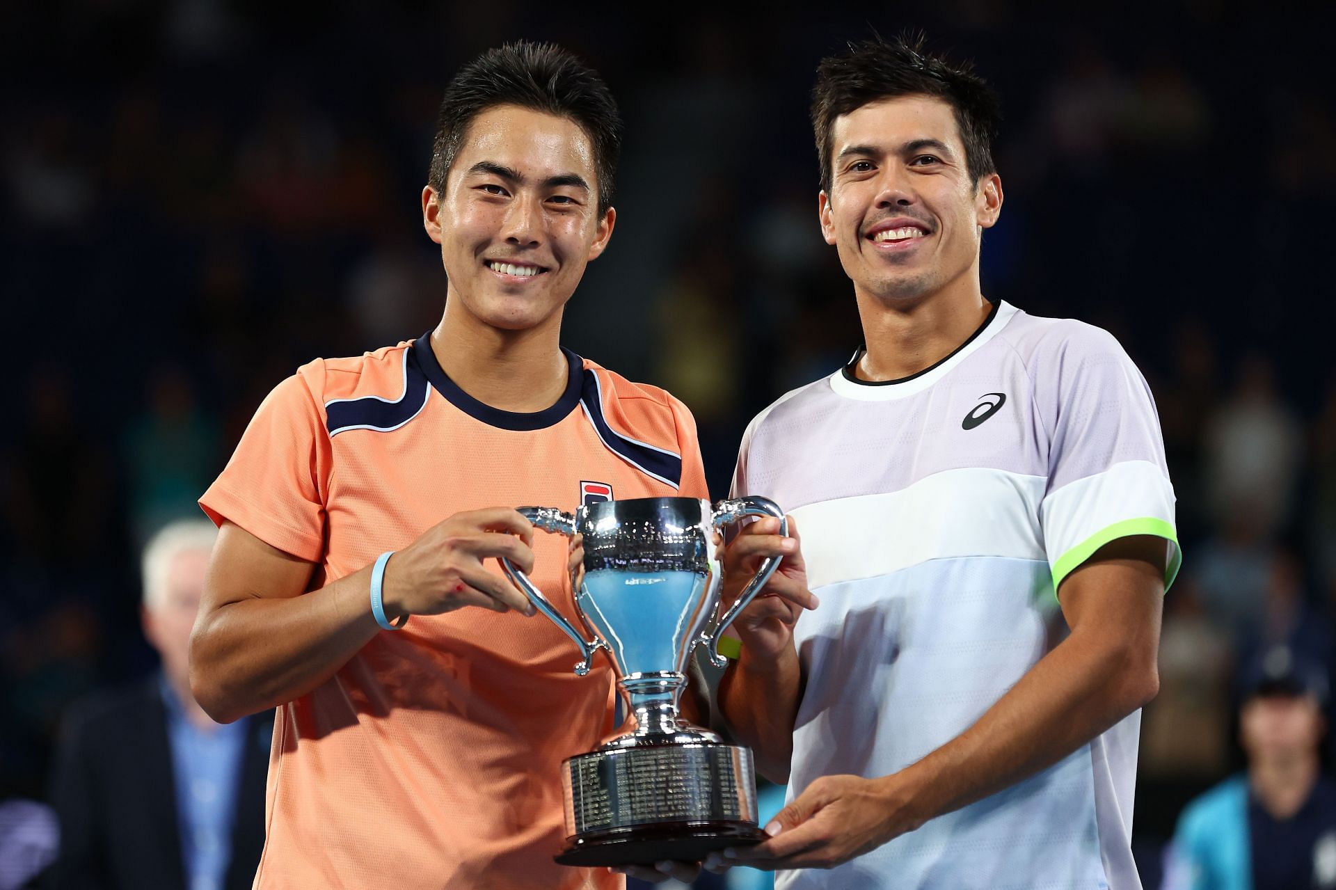 Rinky Hijikata and Jason Kubler with the men&#039;s doubles trophy