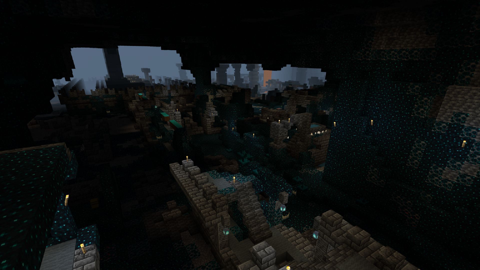 This seed&#039;s ancient cities can take a little while to reach, but they&#039;re certainly worth exploring (Image via Mojang)