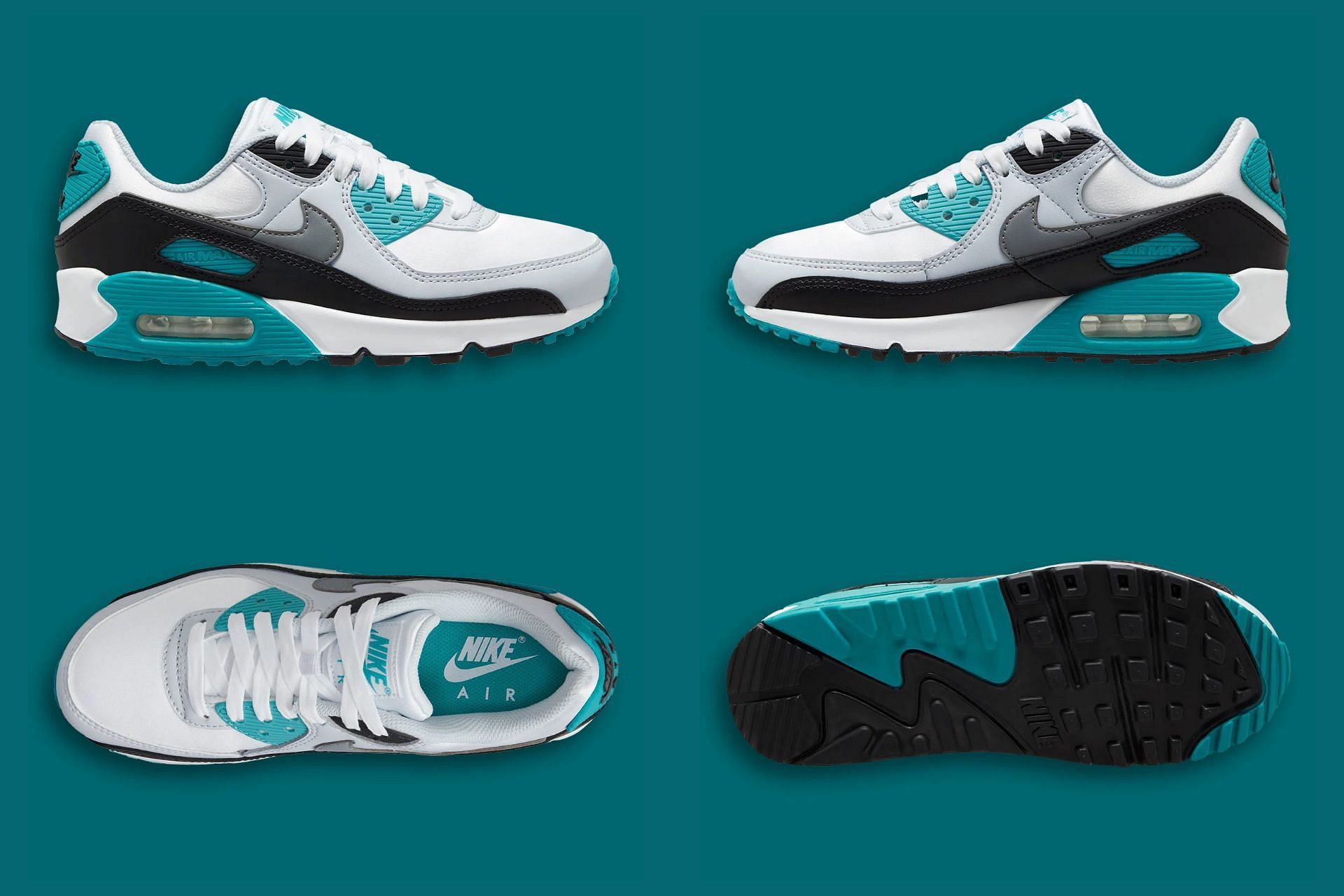 The upcoming Nike Air Max 90 &quot;Freshwater&quot; sneakers from every angle (Image via Sportskeeda)