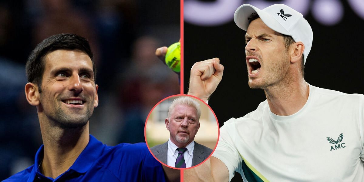 Novak Djokovic (L) and Andy Murray (R); Boris Becker (inset)