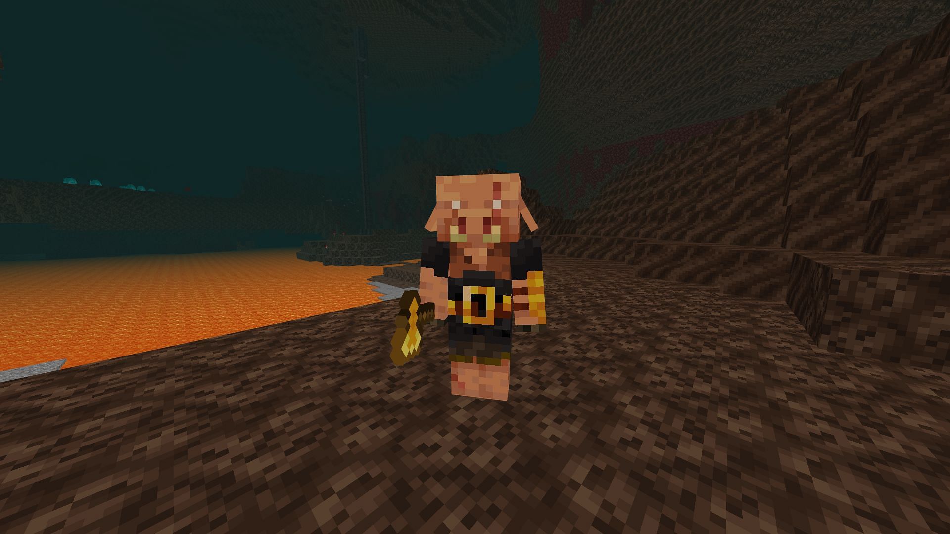 Piglin Brute has a golden axe that can deal a lot of damage in Minecraft (Image via Mojang)