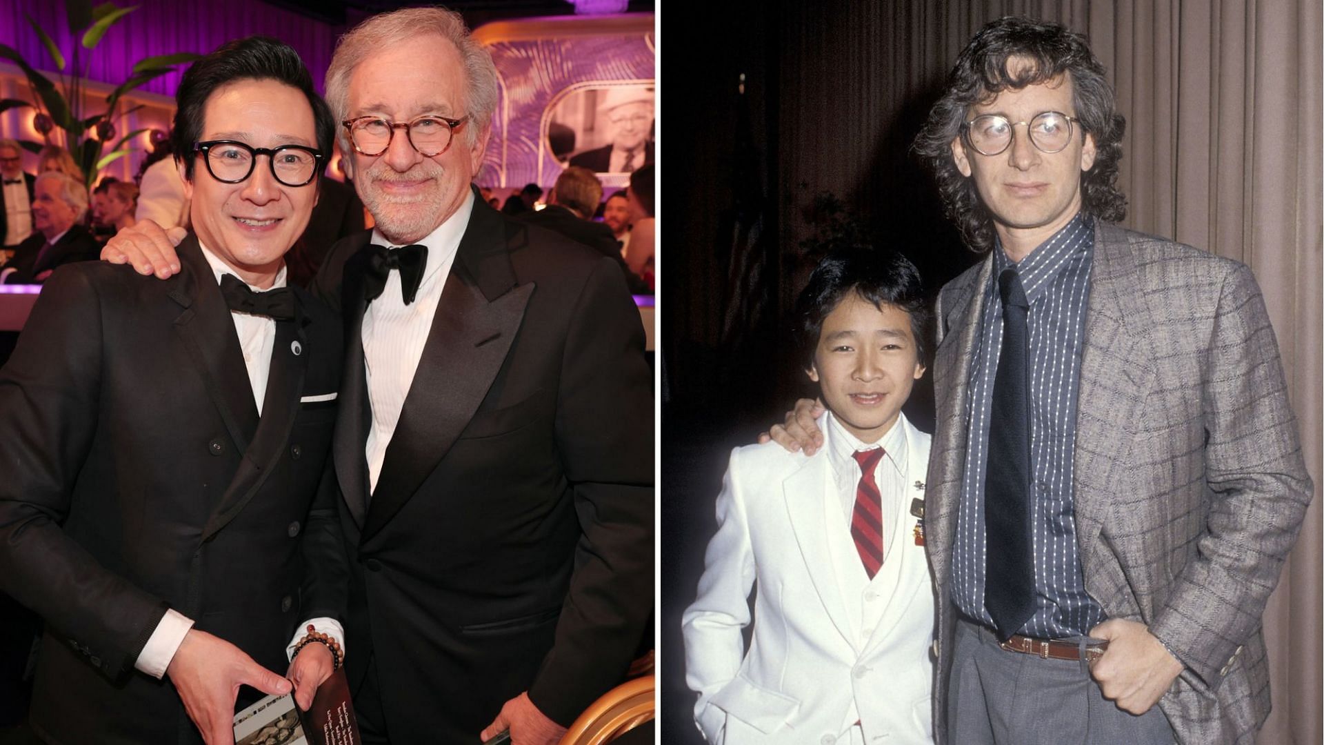 Ke Huy Quan with Steven Spielberg at the 2023 Golden Globe and at the 1985 Guild&#039;s Publicist Awards (Images via Christopher Polk/ Ron Galella Collection/Getty Images)