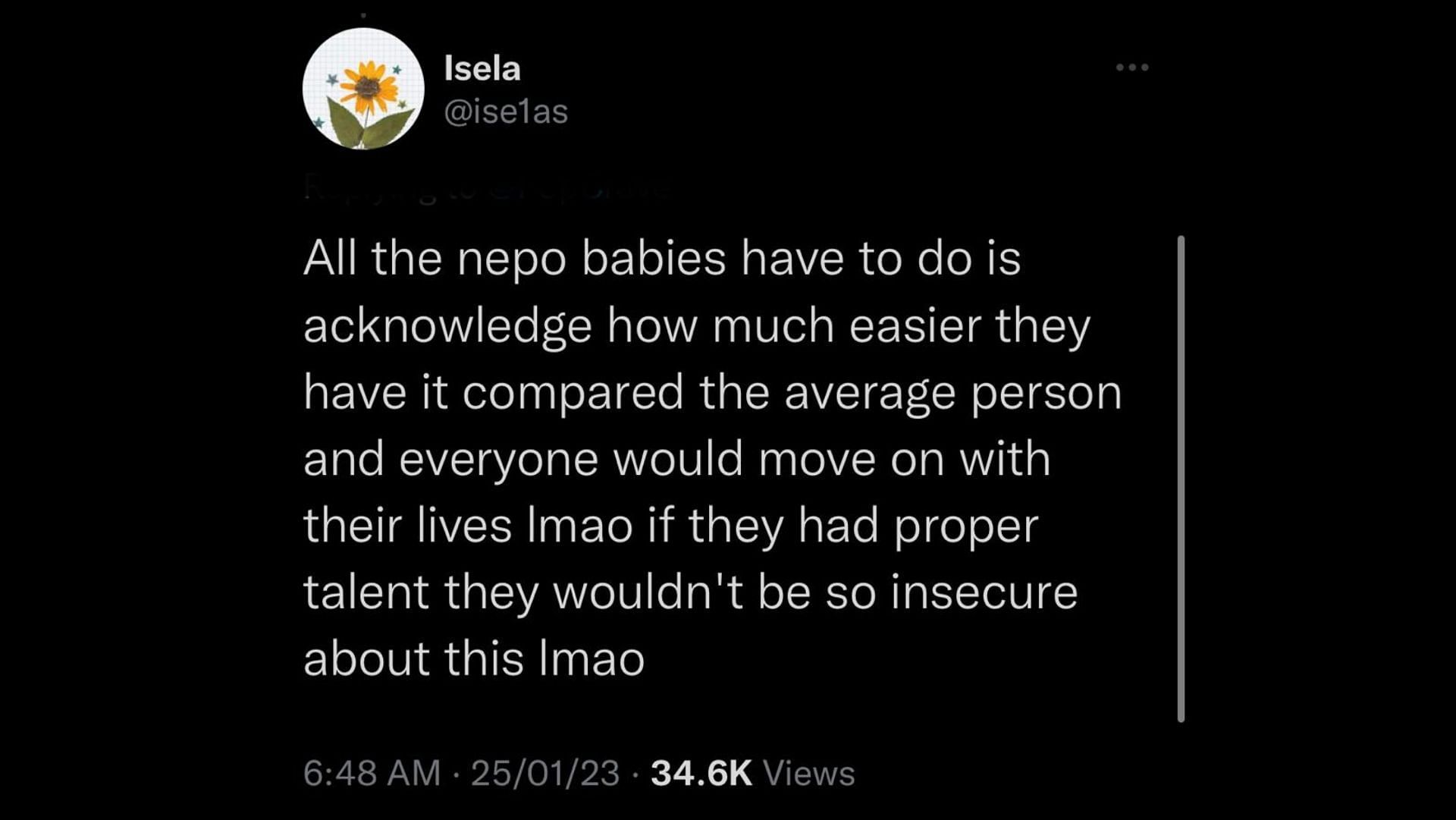 Screenshot of a Twitter user criticizing Gerber&#039;s stance on nepotism in the entertainment industry.