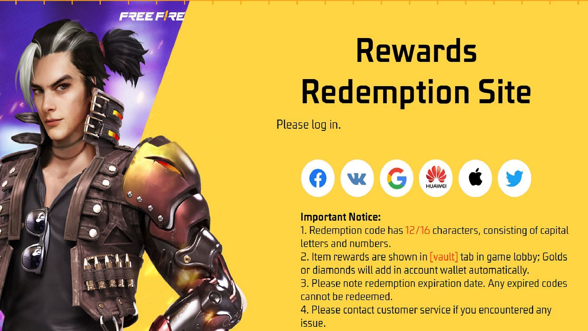 Rewards Redemption Site currently offers six login options to the players (Image via Garena)