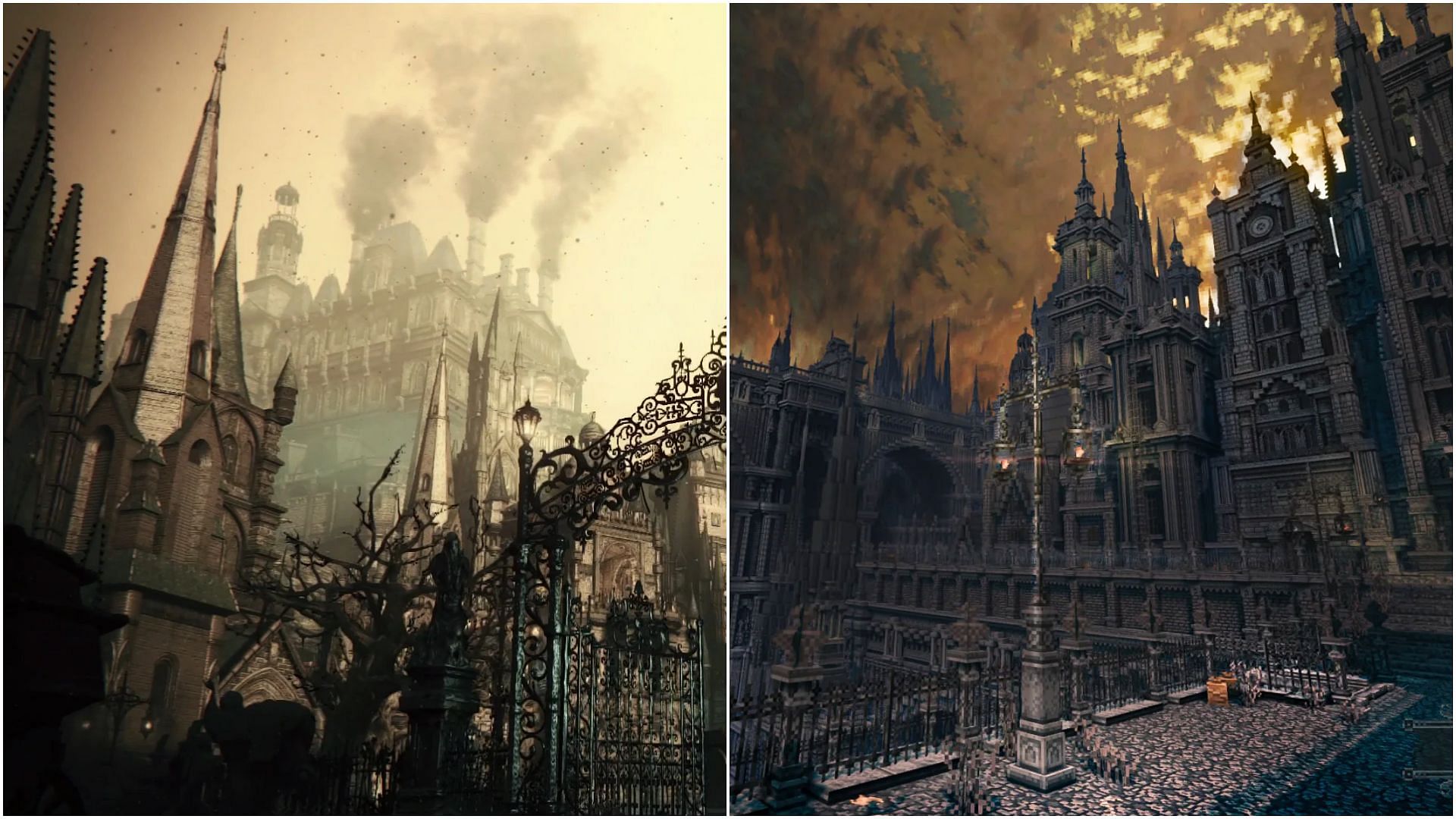 Comparison of how the actual Yharnam city looks like in Bloodborne vs the one made by a Minecraft Redditor (Image via Sportskeeda)