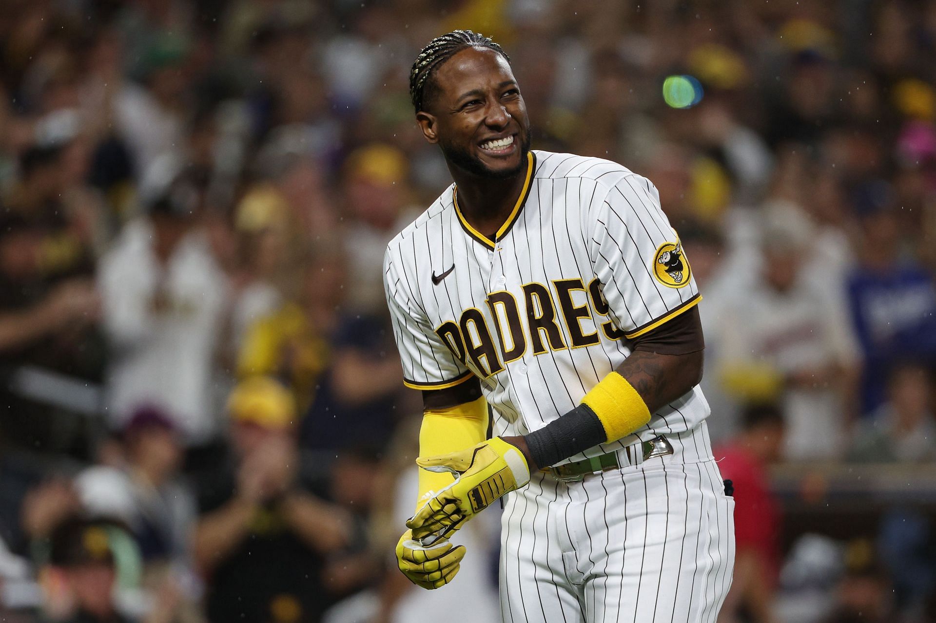 Jurickson Profar celebrates against the Los Angeles Dodgers at PETCO Park