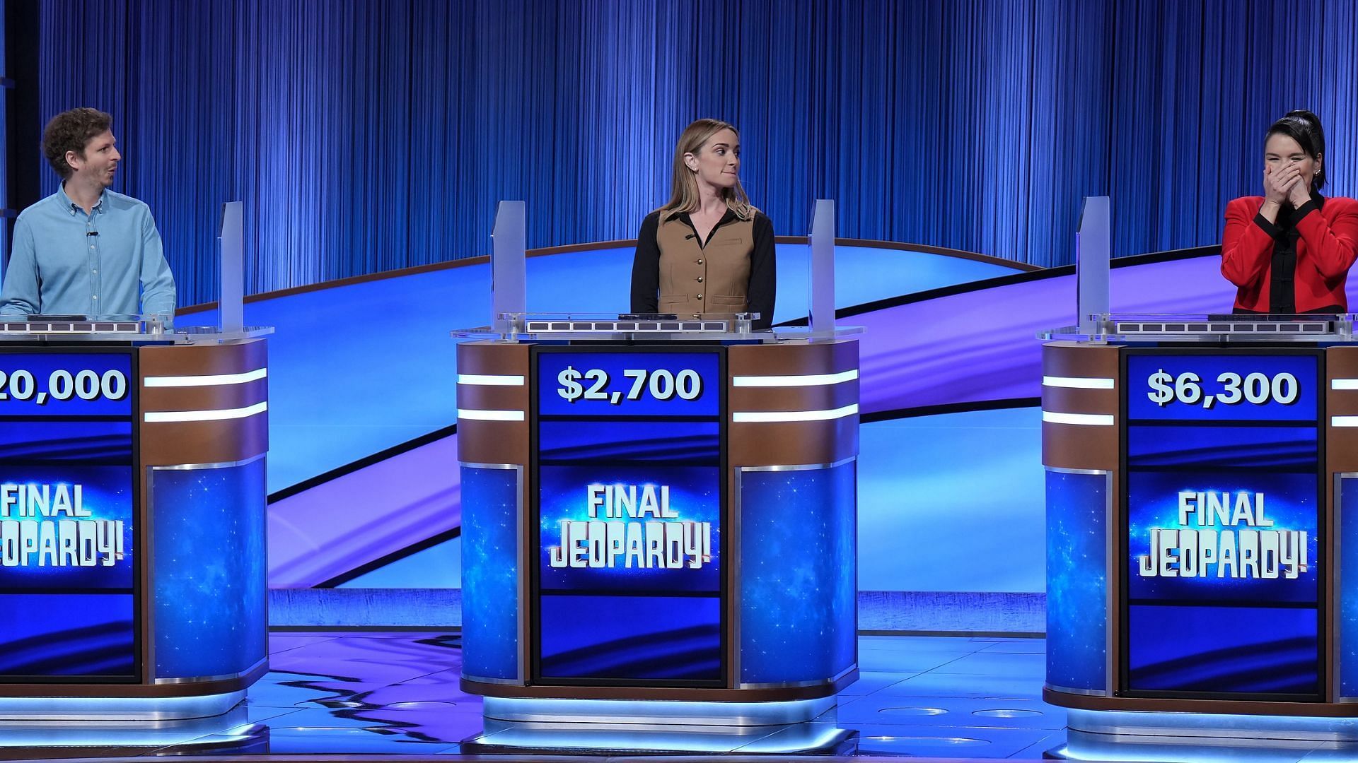 Celebrity Jeopardy! players Michael Cera, Brianne Howey, and Zo&euml; Chao
