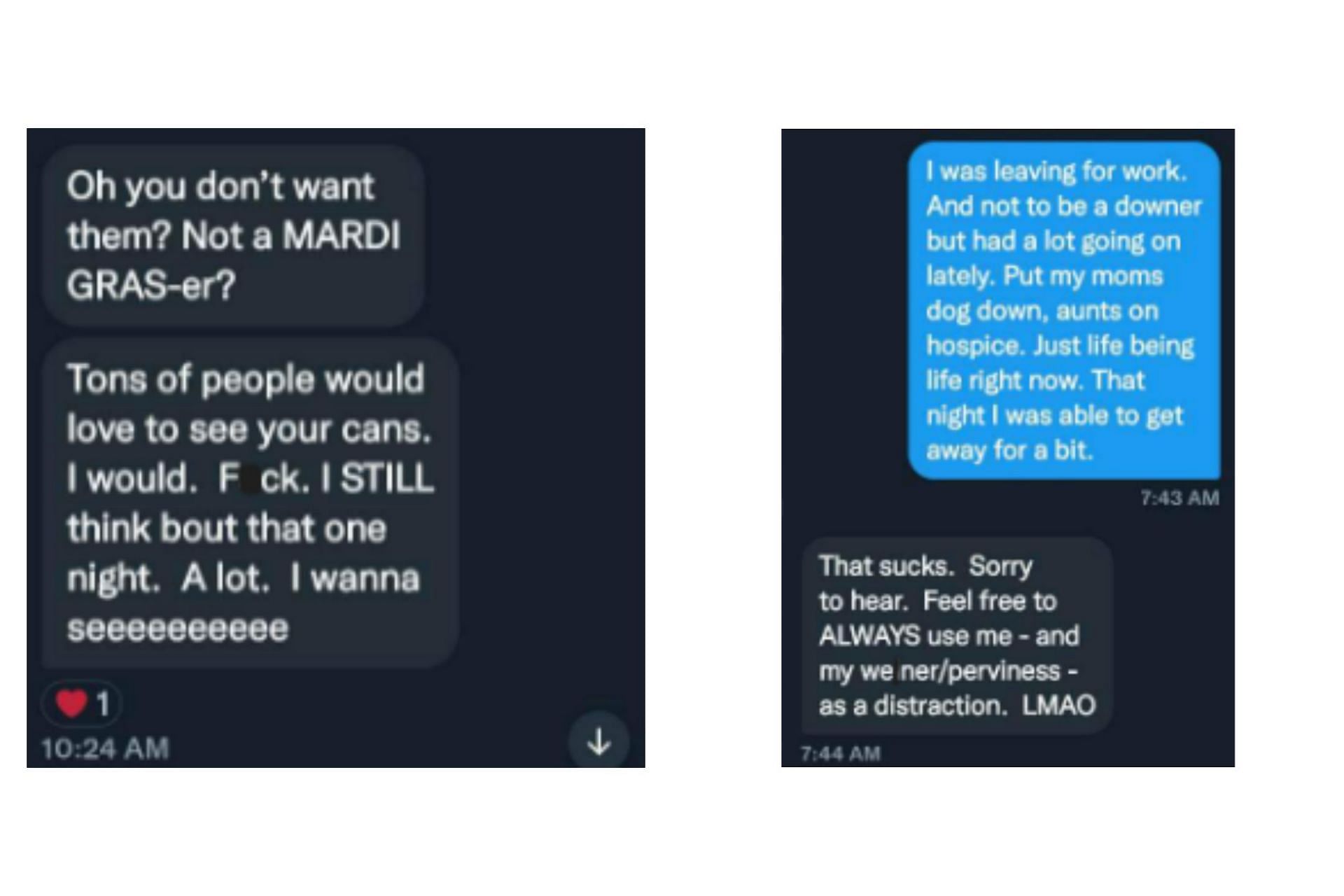 Inappropriate text messages Tony Patrico sent to a woman (Image via HellNoPatrico/Twitter)