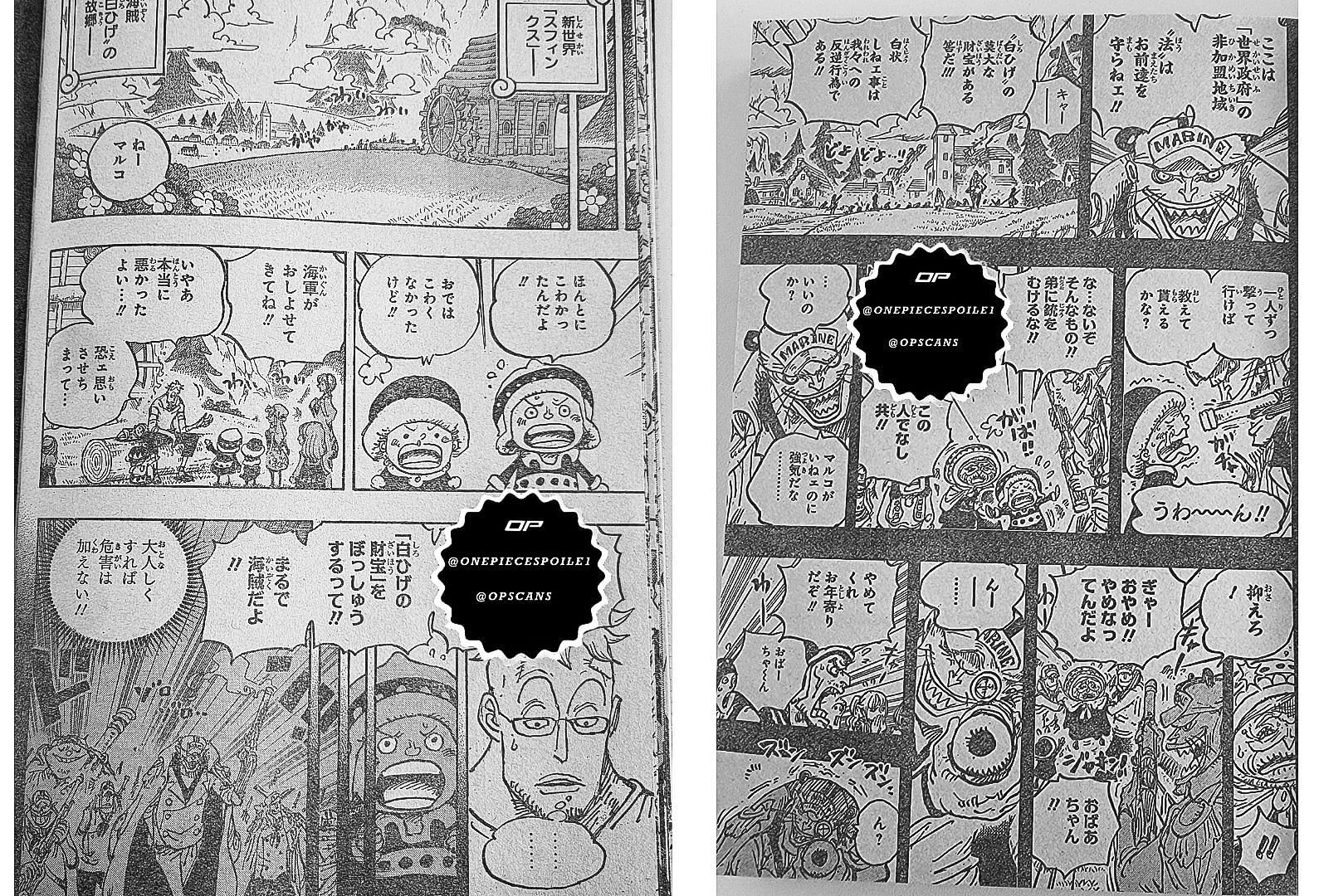 Marco is seen talking to a kid as Marines appear in the panel (Image via Eiichiro Oda)