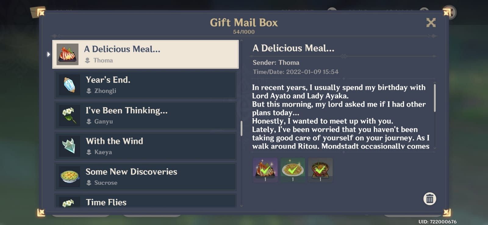 Mail sent by Thoma in 2022 included three food items (Image via Genshin Impact)