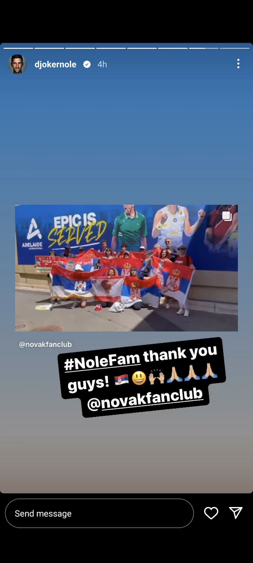Via Instagram: Djokovic express gratitude towards his traveling fans for their support