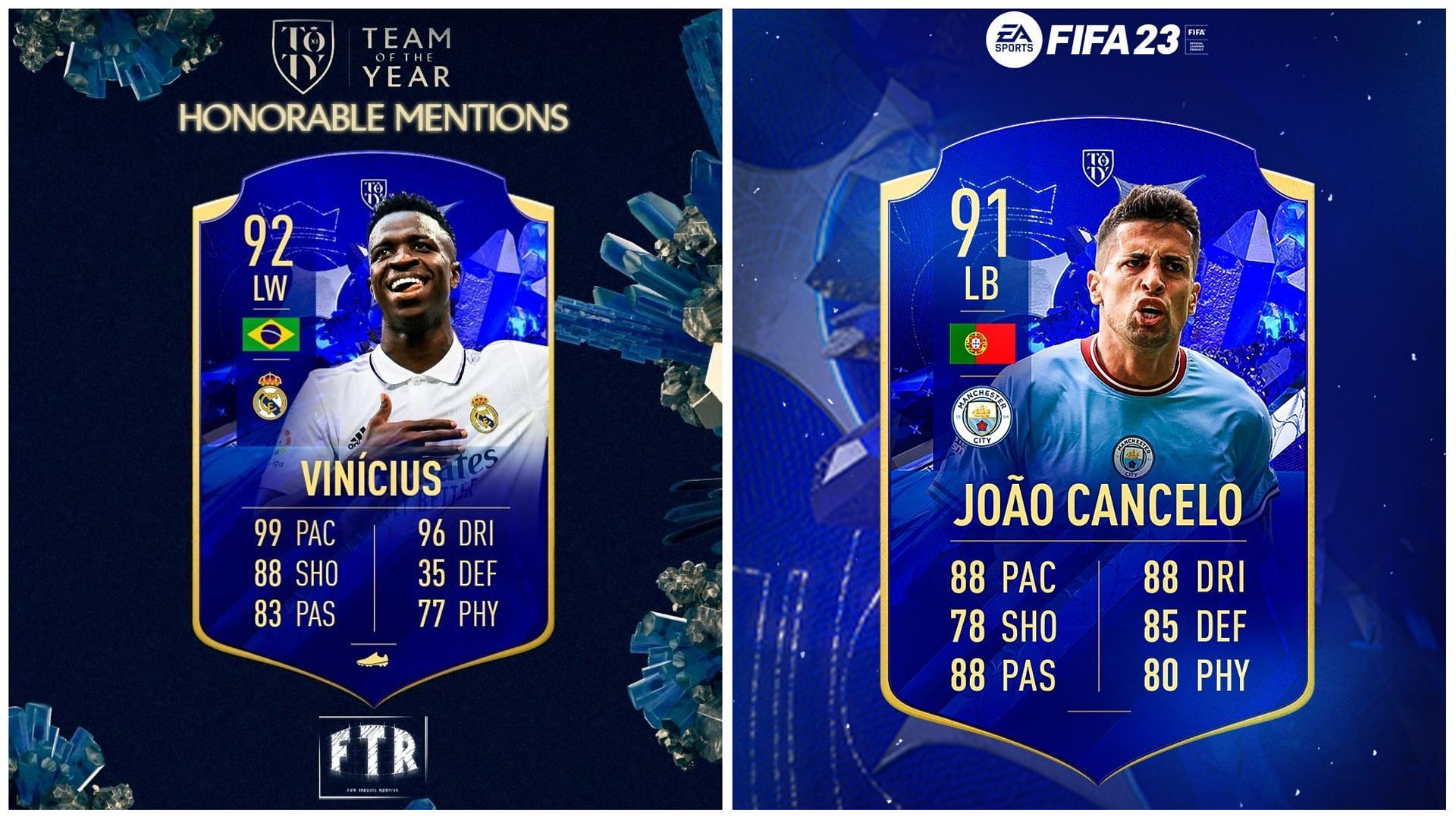 Vinicius and Cancelo will arrive as TOTY Honorable Mentions in FIFA 23 (Images via Twitter/FIFATradingRomania and Twitter/FUT Sheriff)