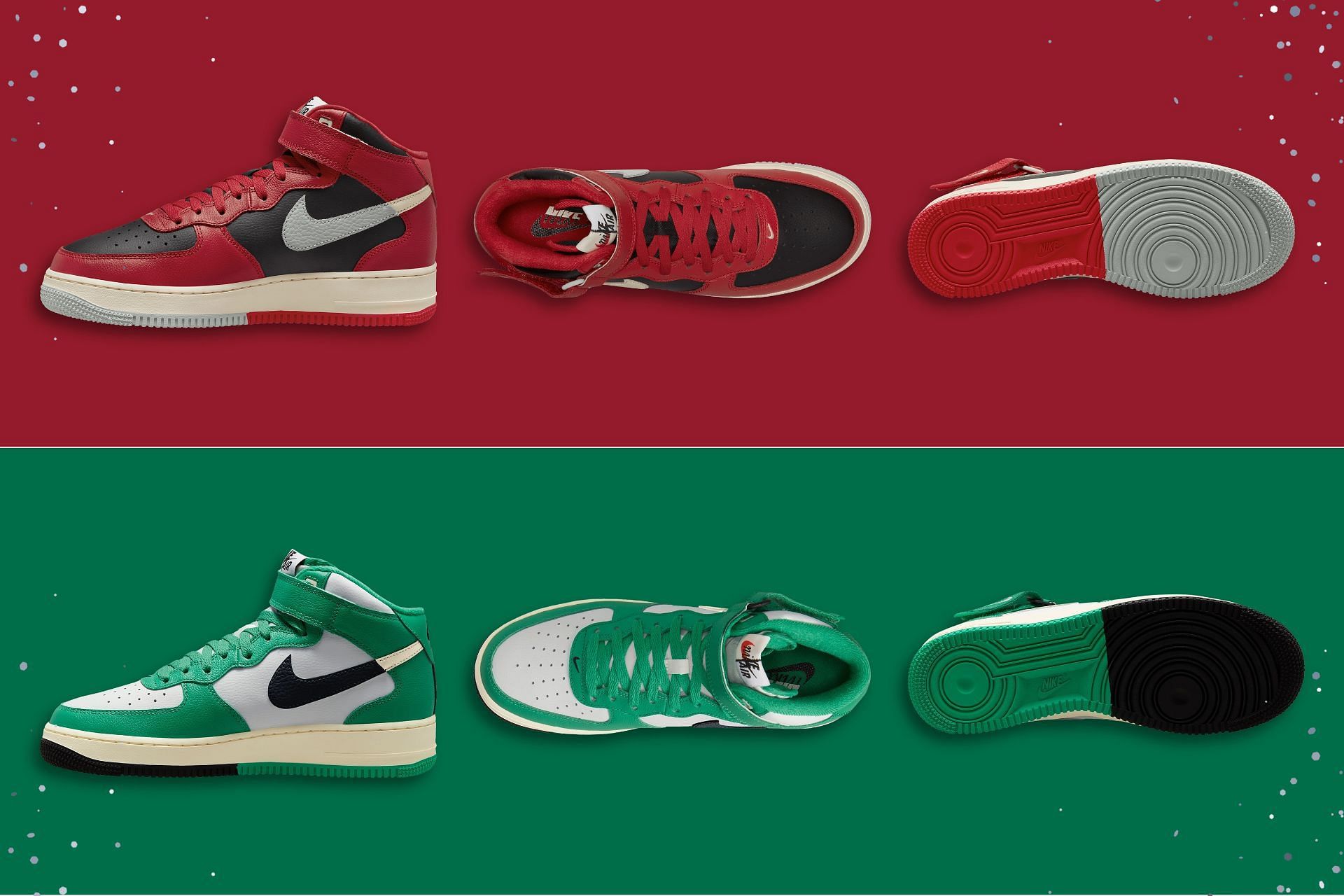 The upcoming Nike Air Force 1 Mid Split sneaker pack features &quot;Bred&quot; and &quot;Green&quot; color schemes (Image via Sportskeeda)