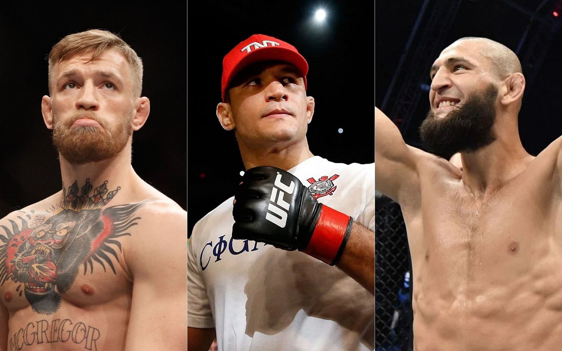 Conor McGregor (left), Junior Dos Santos (centre), Khamzat Chimaev (right)