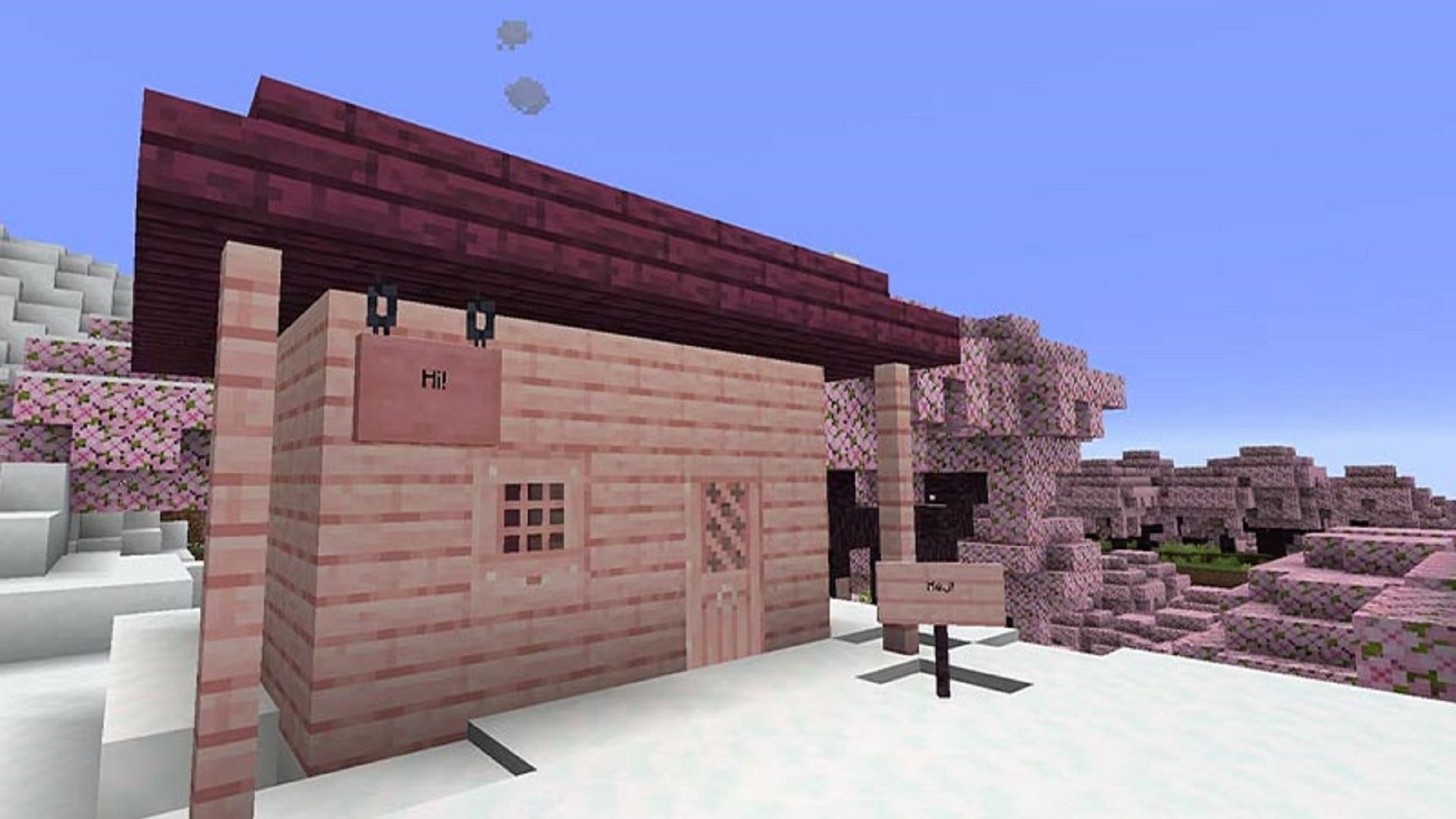 Various blocks created from cherry logs and cherry planks are being used to build a shelter (Image via Mojang)