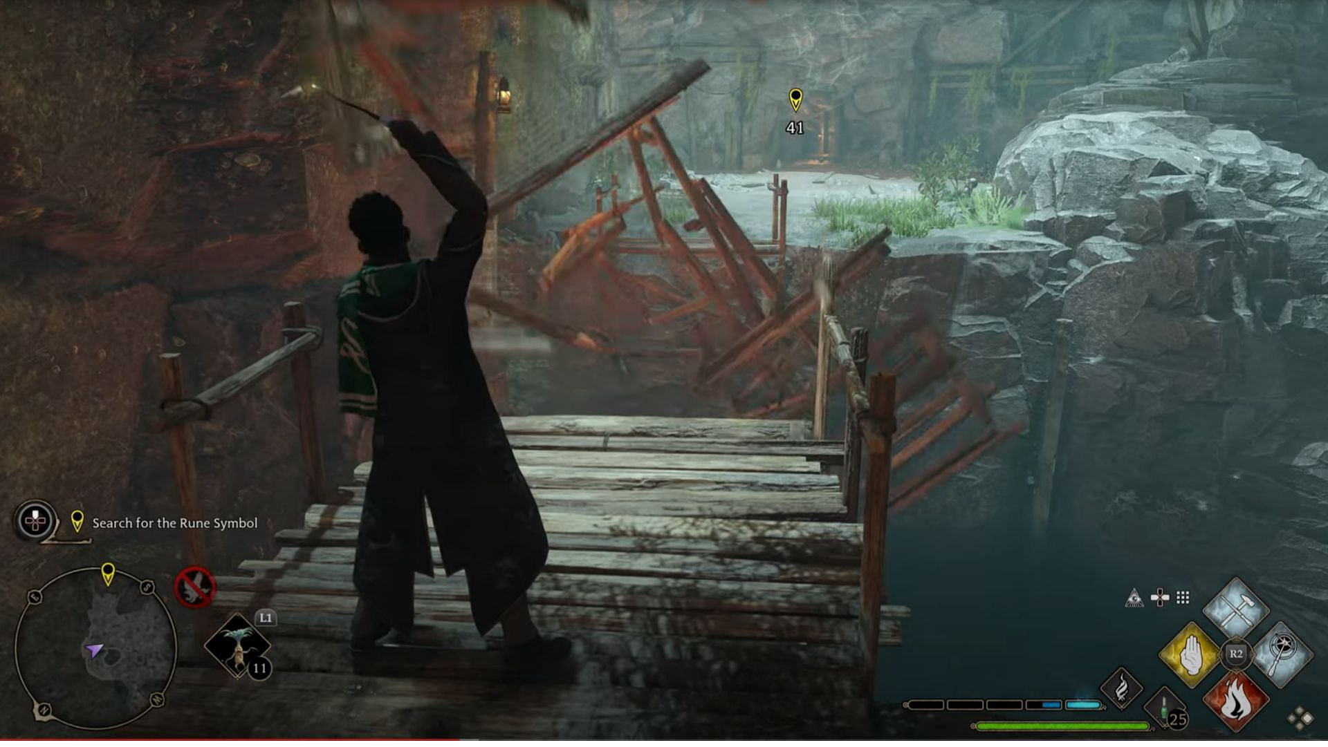 Fixing the broken bridge in Hogwarts Legacy (Image via WB game and YouTube/Chris Smoove)