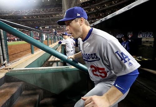 Divisional Series - Los Angeles Dodgers v Washington Nationals - Game Three: Washington Nationals - Game Three WASHINGTON, DC - OCTOBER 06: David Freese #25 of the Los Angeles Dodgers takes the field during team introductions before Game 3 of the NLDS between the Los Angeles Dodgers and the Washington Nationals at Nationals Park on October 06, 2019 in Washington, DC. (Photo by Rob Carr/Getty Images)