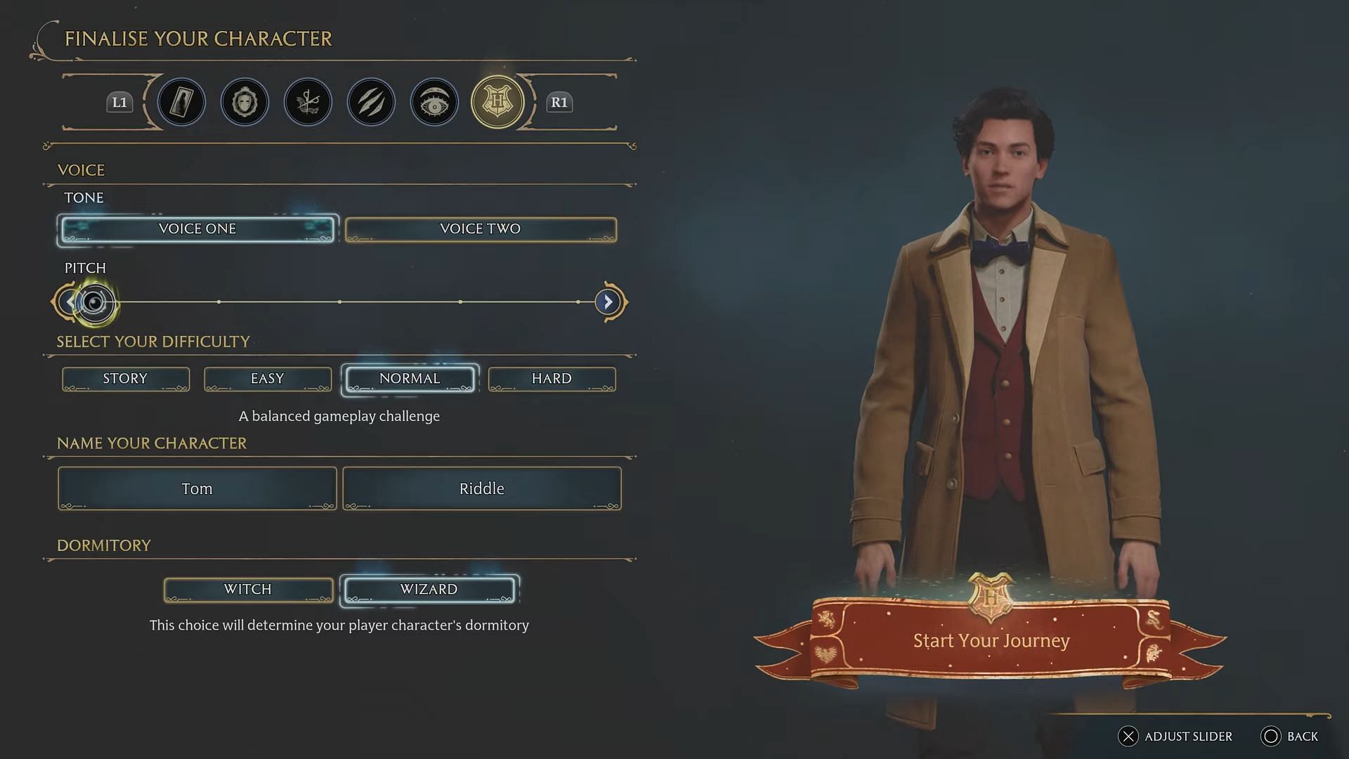 Voice selection and naming in Hogwarts Legacy (Image via Warner Bros Games)